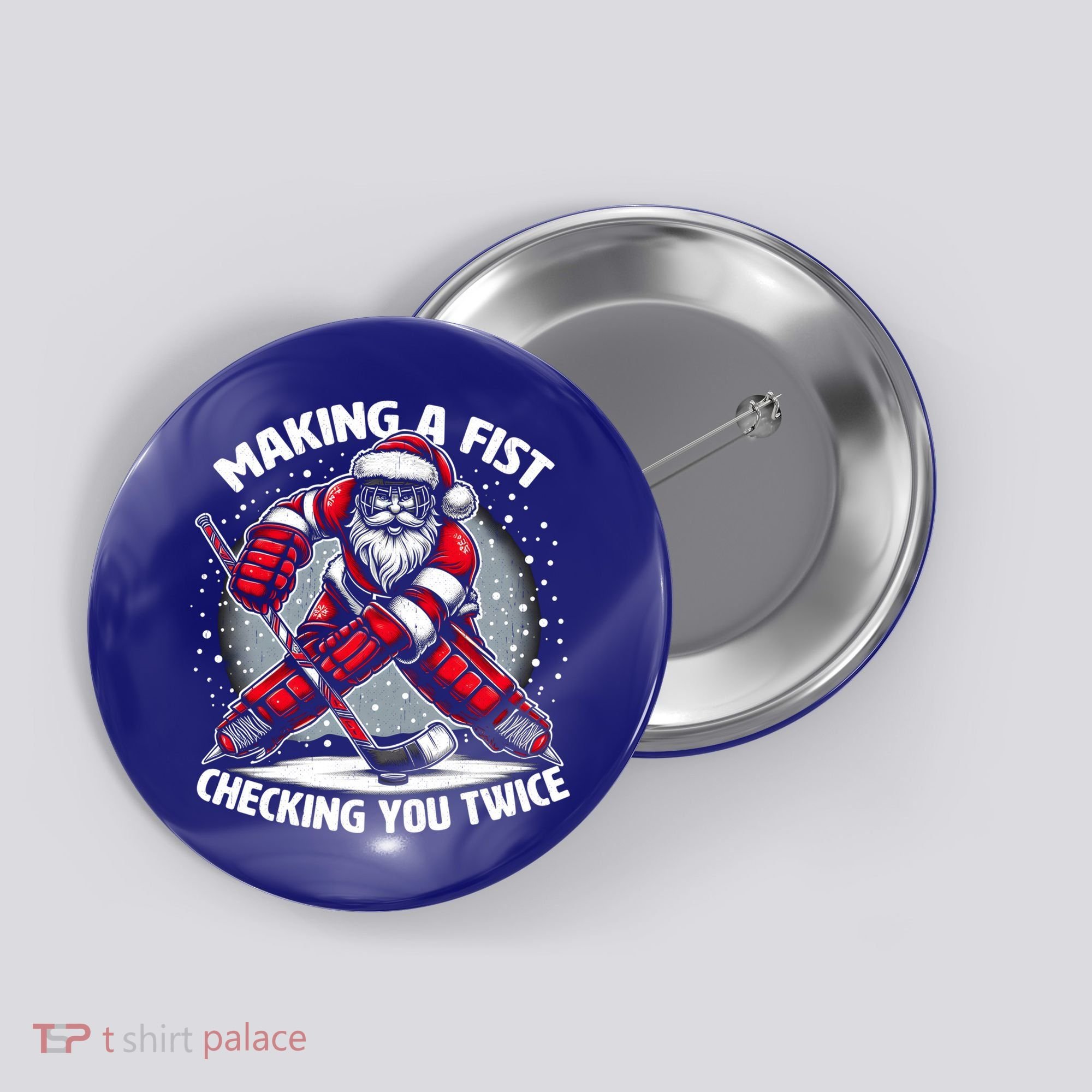 Making A Fist Checking You Twice Ugly Christmas Santa Hockey Gift Button