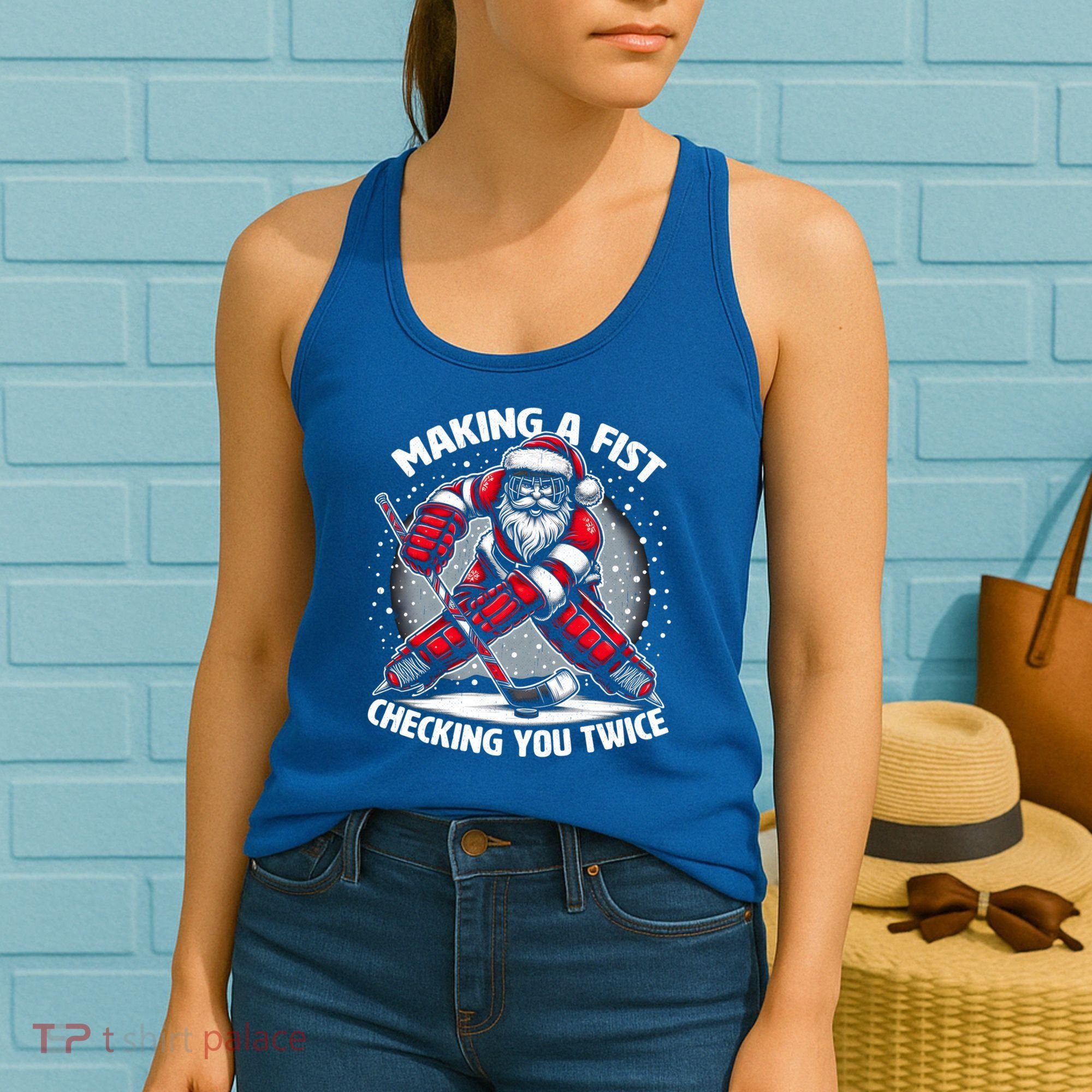 Making A Fist Checking You Twice Ugly Christmas Santa Hockey Gift Women's Tank Top