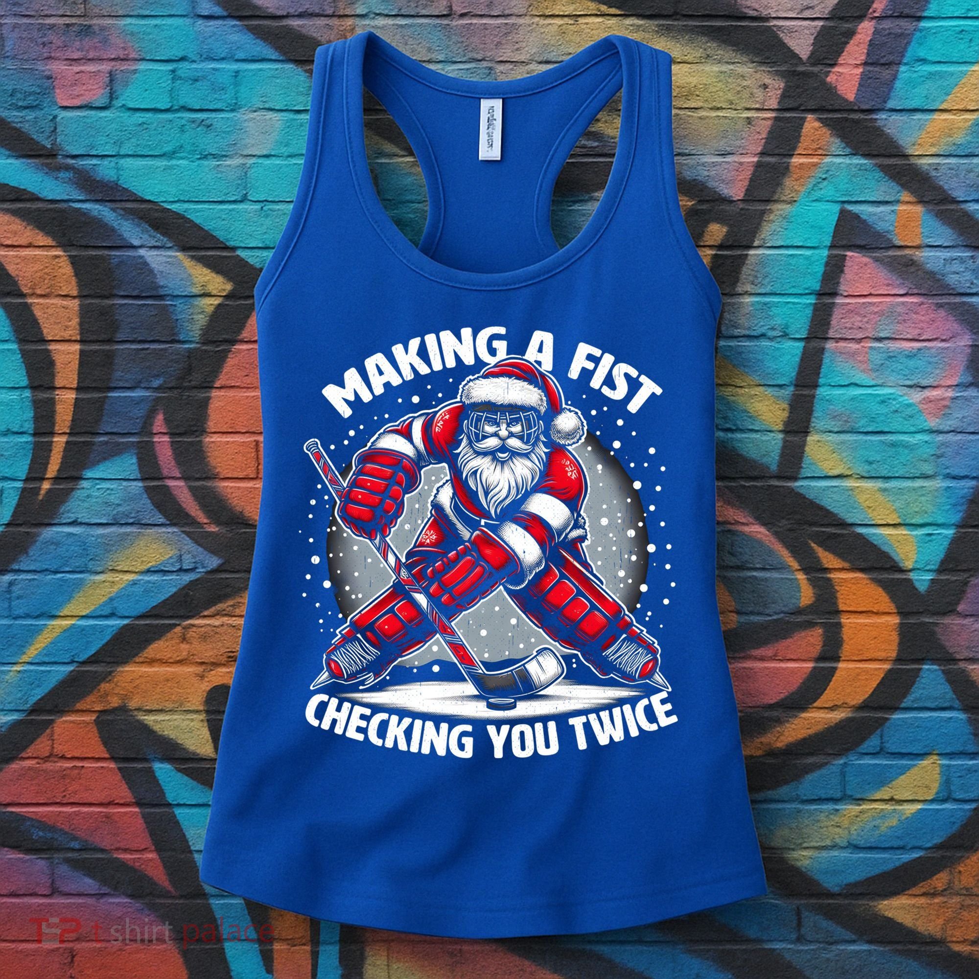 Making A Fist Checking You Twice Ugly Christmas Santa Hockey Gift Women's Tank Top
