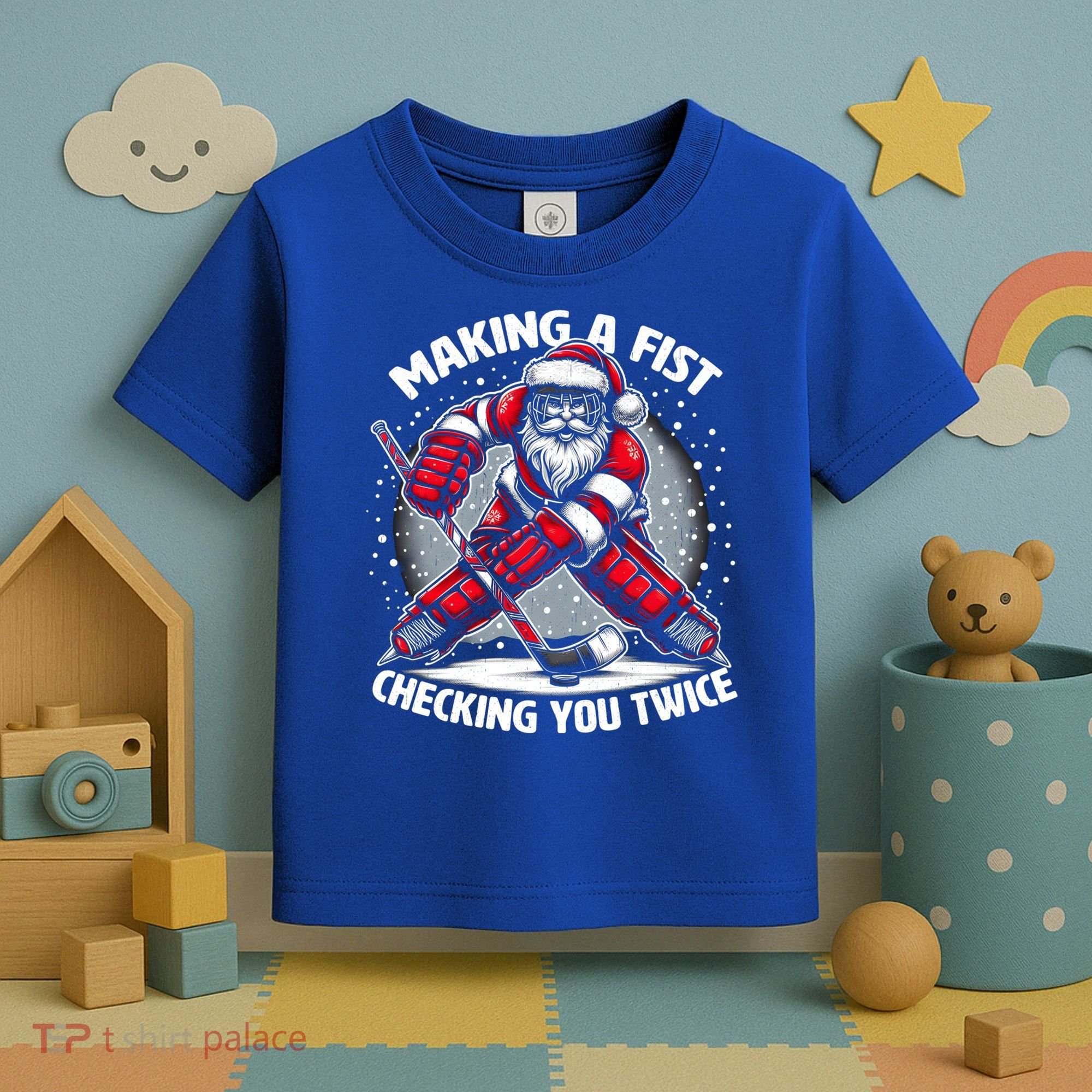 Making A Fist Checking You Twice Ugly Christmas Santa Hockey Gift Toddler T-Shirt