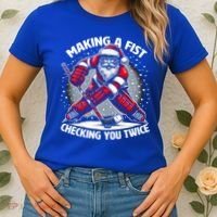 Making A Fist Checking You Twice Ugly Christmas Santa Hockey Gift Women's T-Shirt thumb 2