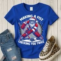 Making A Fist Checking You Twice Ugly Christmas Santa Hockey Gift Women's T-Shirt thumb 3