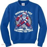 Making A Fist Checking You Twice Ugly Christmas Santa Hockey Gift Kids Sweatshirt thumb 0