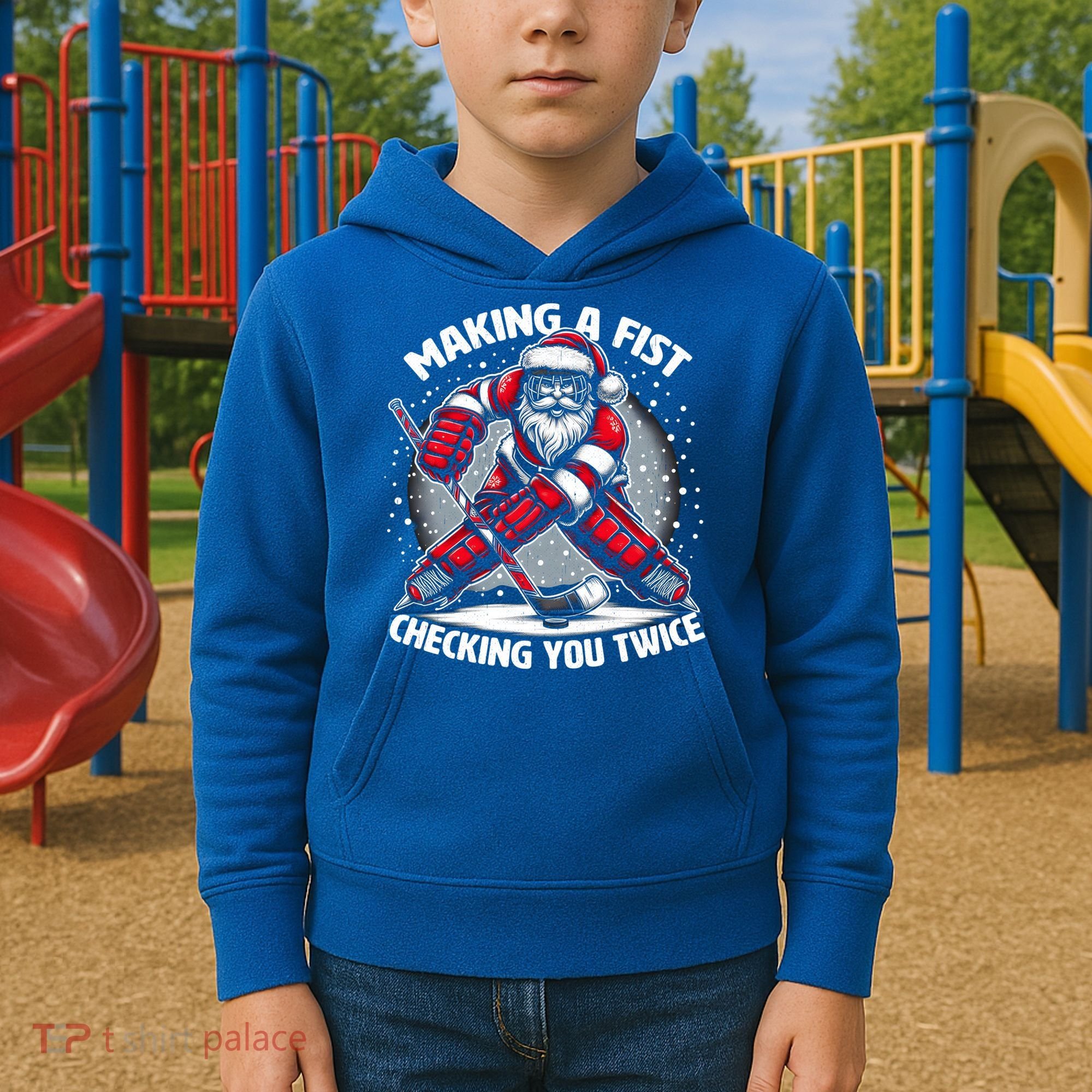 Making A Fist Checking You Twice Ugly Christmas Santa Hockey Gift Kids Hoodie
