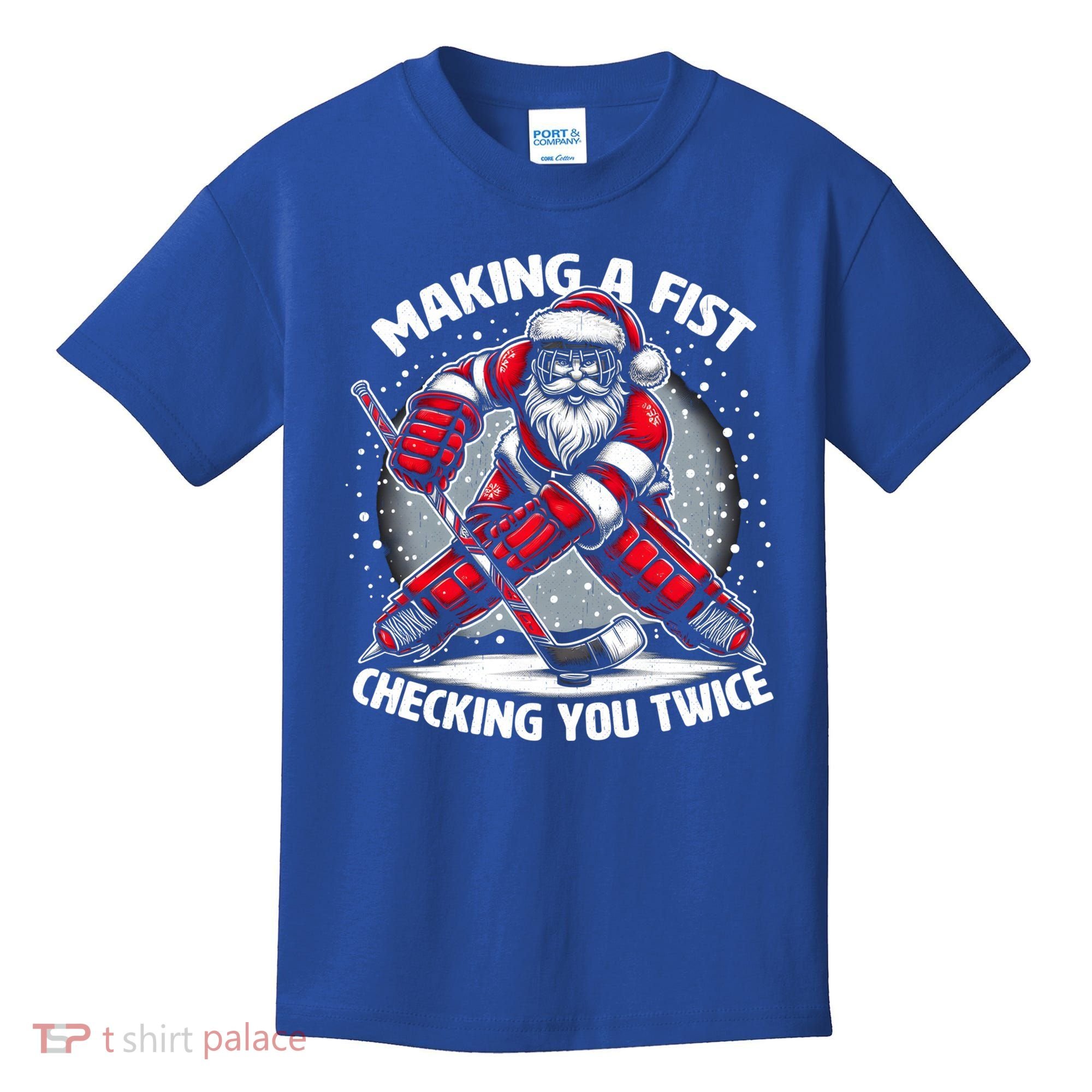 Making A Fist Checking You Twice Ugly Christmas Santa Hockey Gift Kids T-Shirt