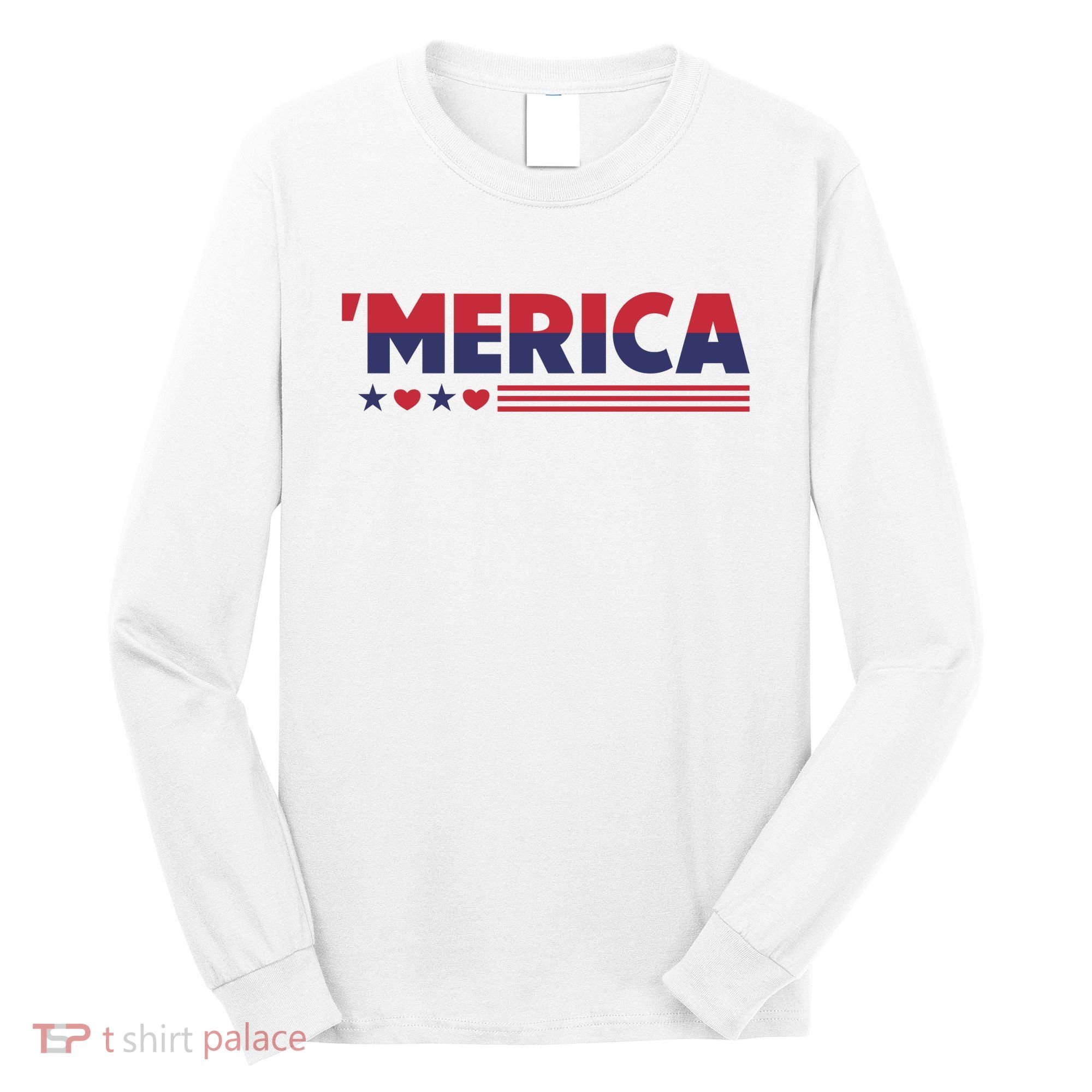Merica American Flag Stars Stripes Hearts Long Sleeve Shirt