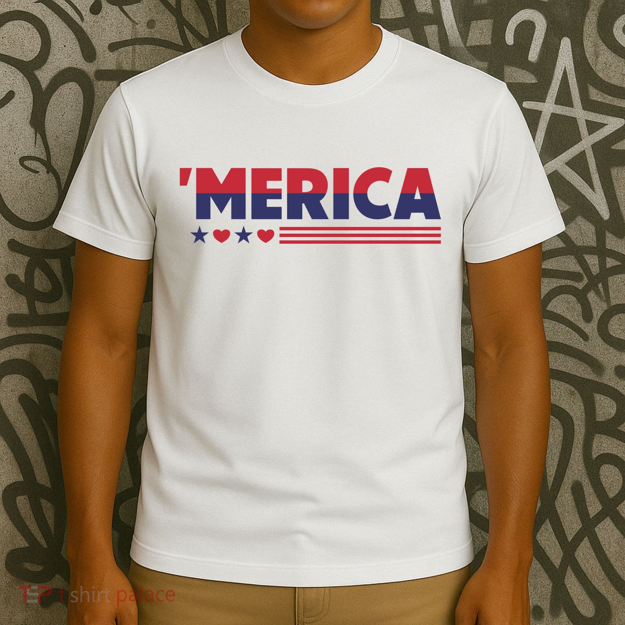Merica American Flag Stars Stripes Hearts T-Shirt