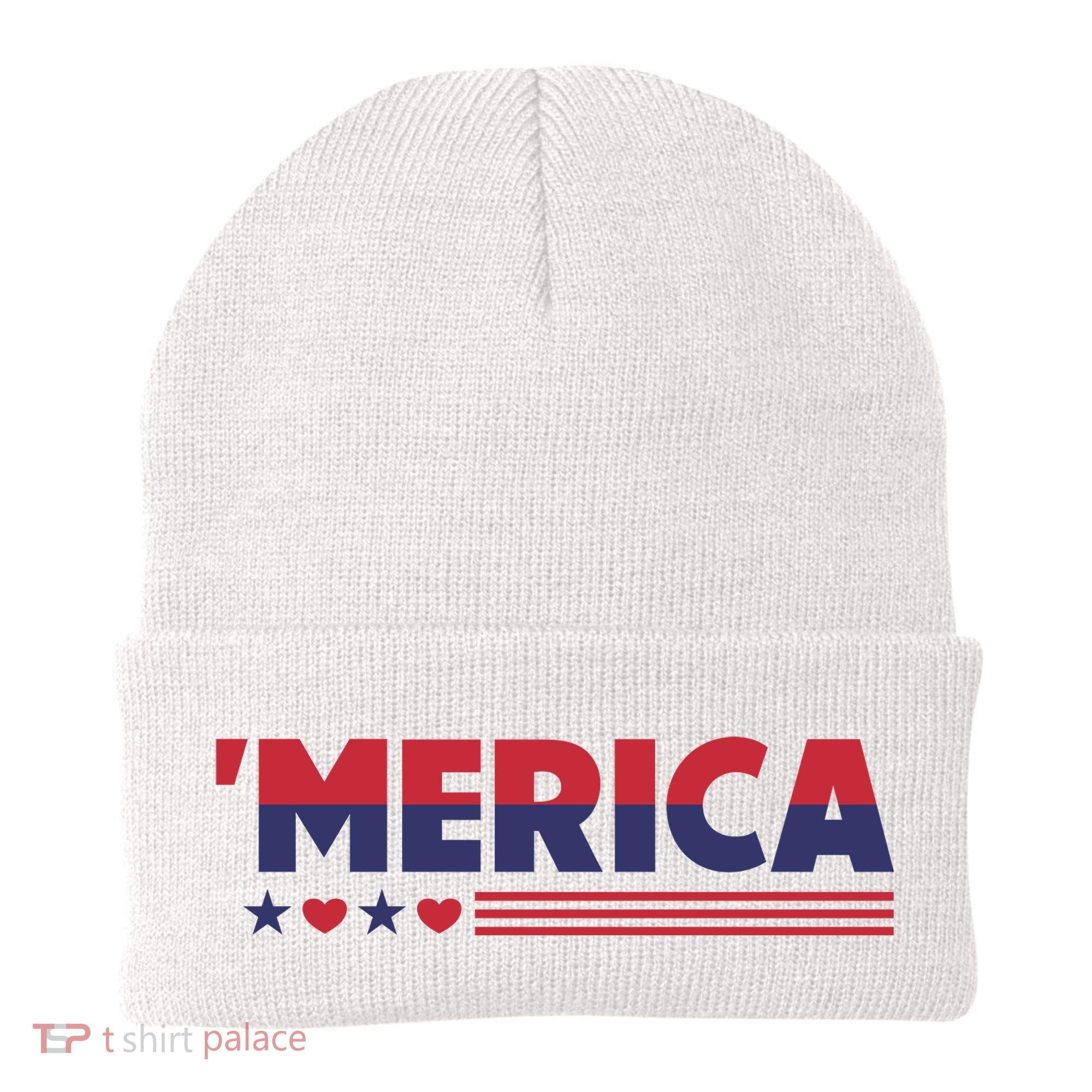 Merica American Flag Stars Stripes Hearts Beanie