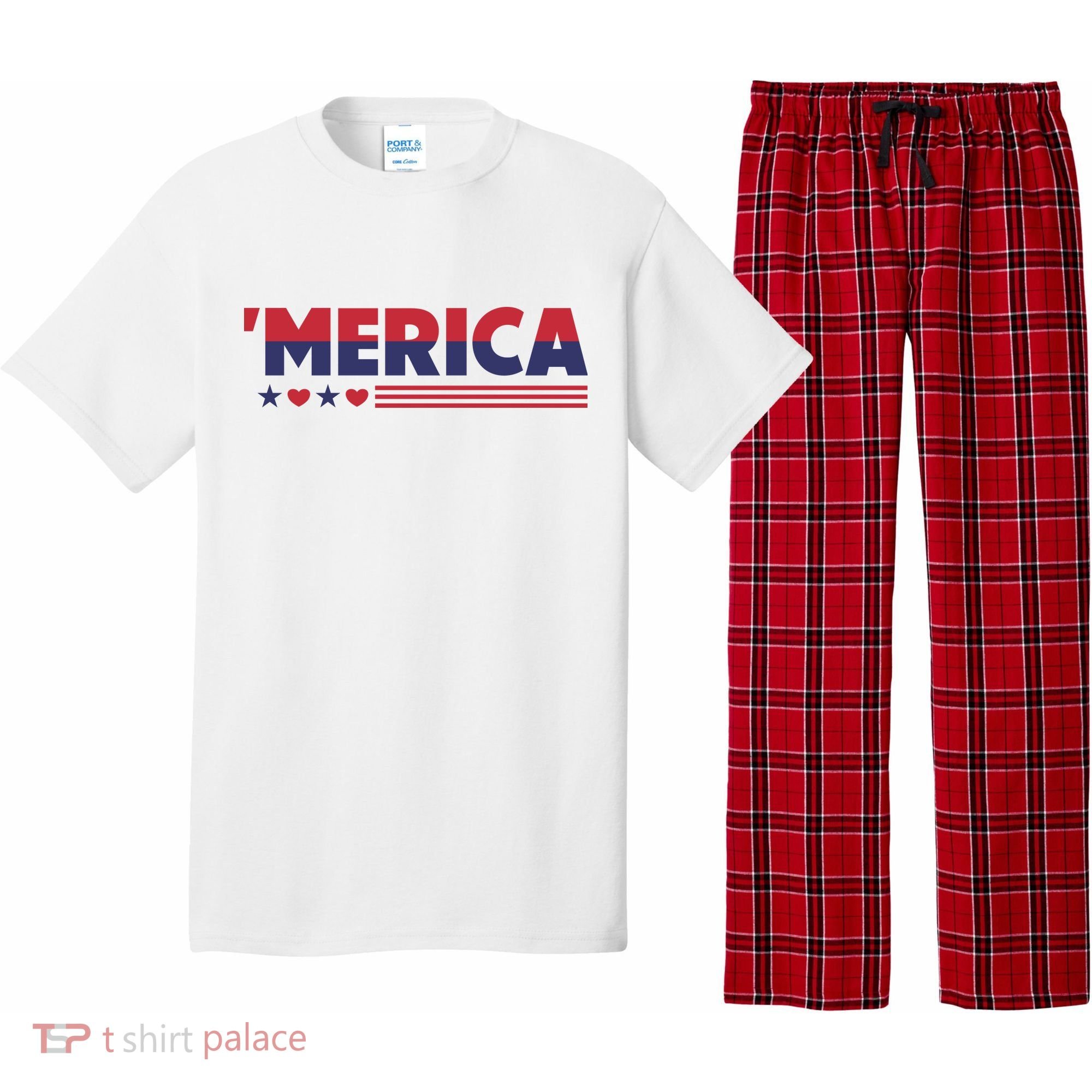 Merica American Flag Stars Stripes Hearts Pajama Set