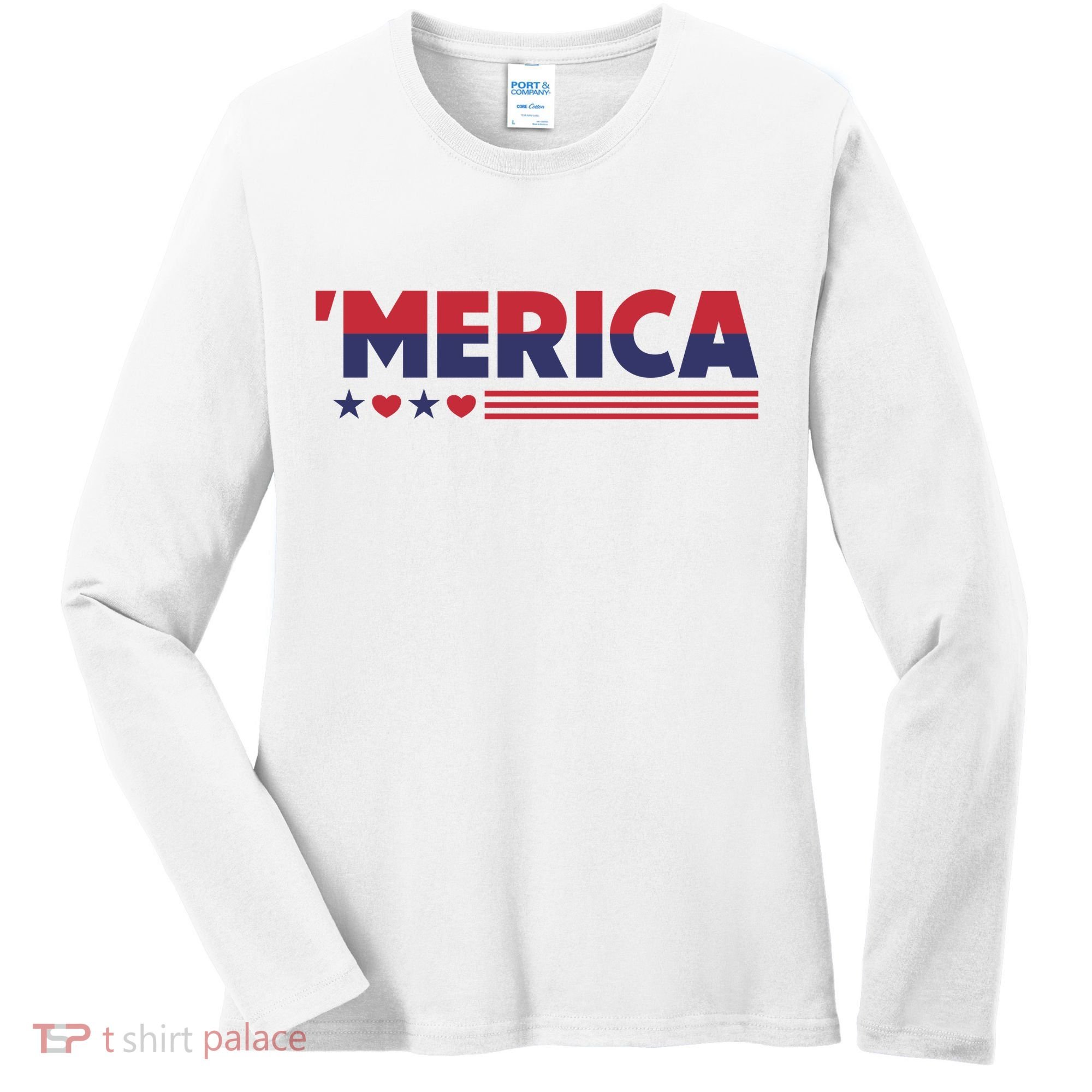 Merica American Flag Stars Stripes Hearts Women's Long Sleeve Shirt