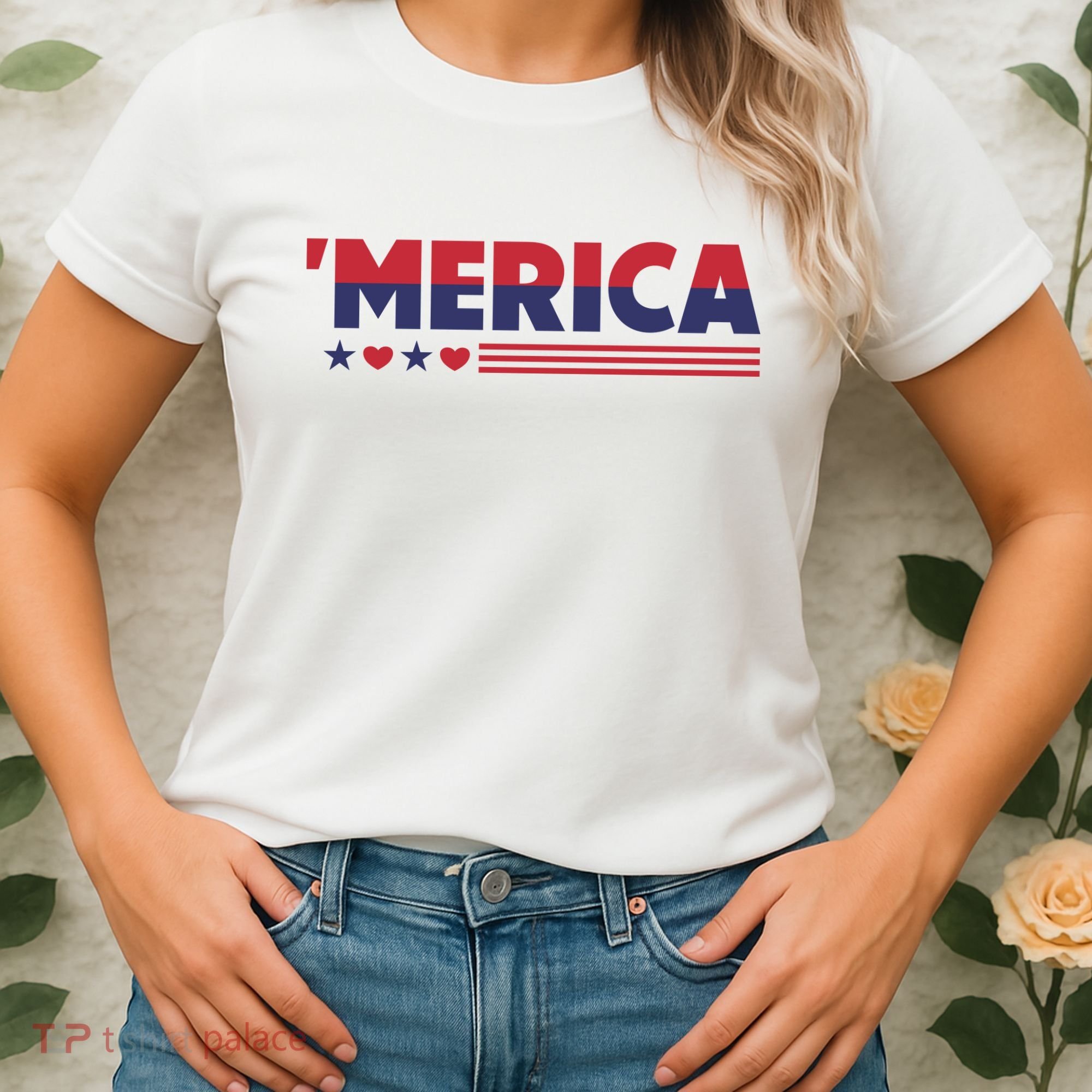 Merica American Flag Stars Stripes Hearts Women's T-Shirt