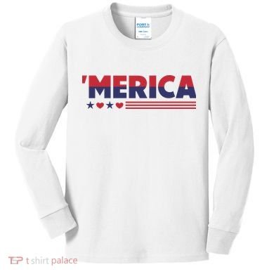 Merica American Flag Stars Stripes Hearts Kids Long Sleeve Shirt
