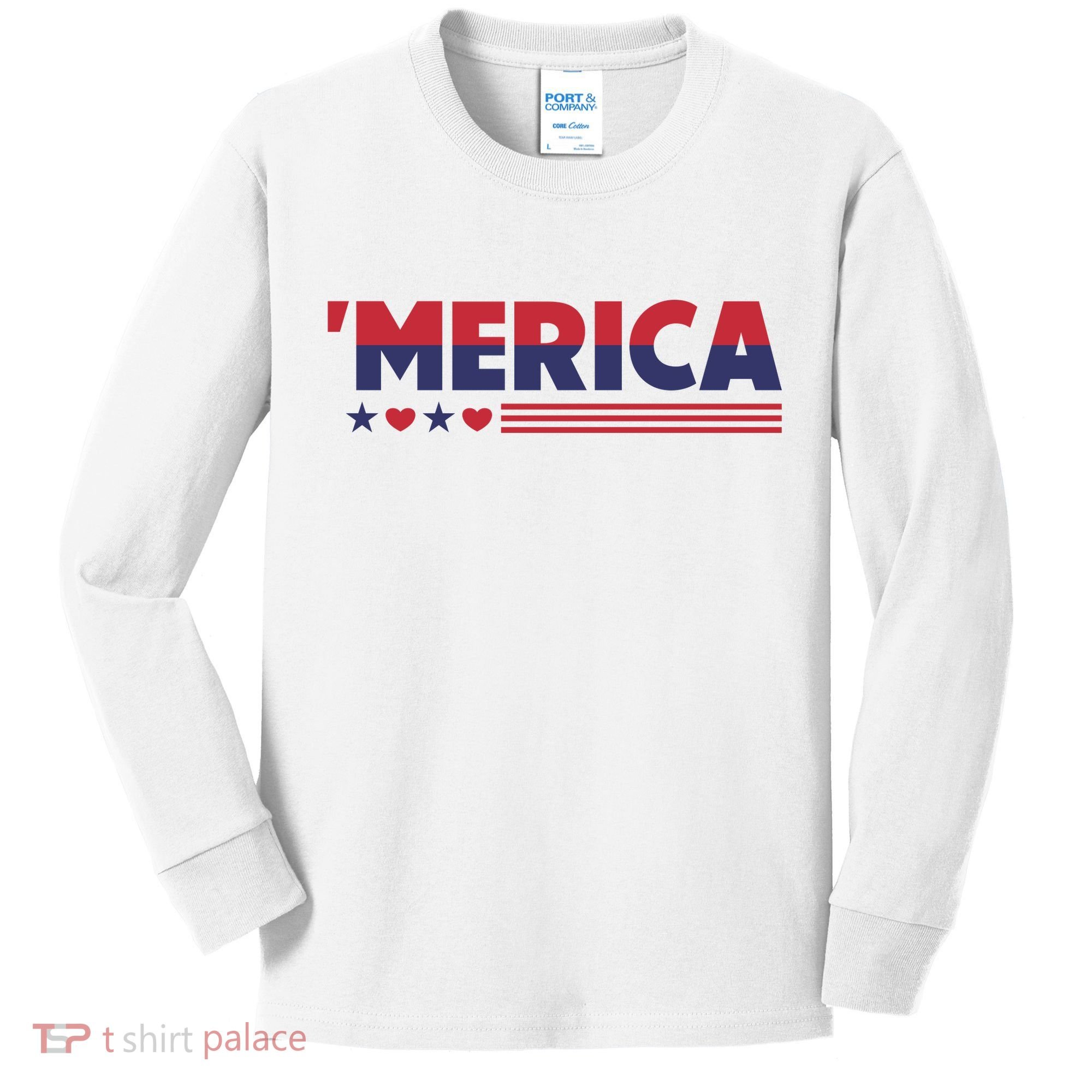 Merica American Flag Stars Stripes Hearts Kids Long Sleeve Shirt