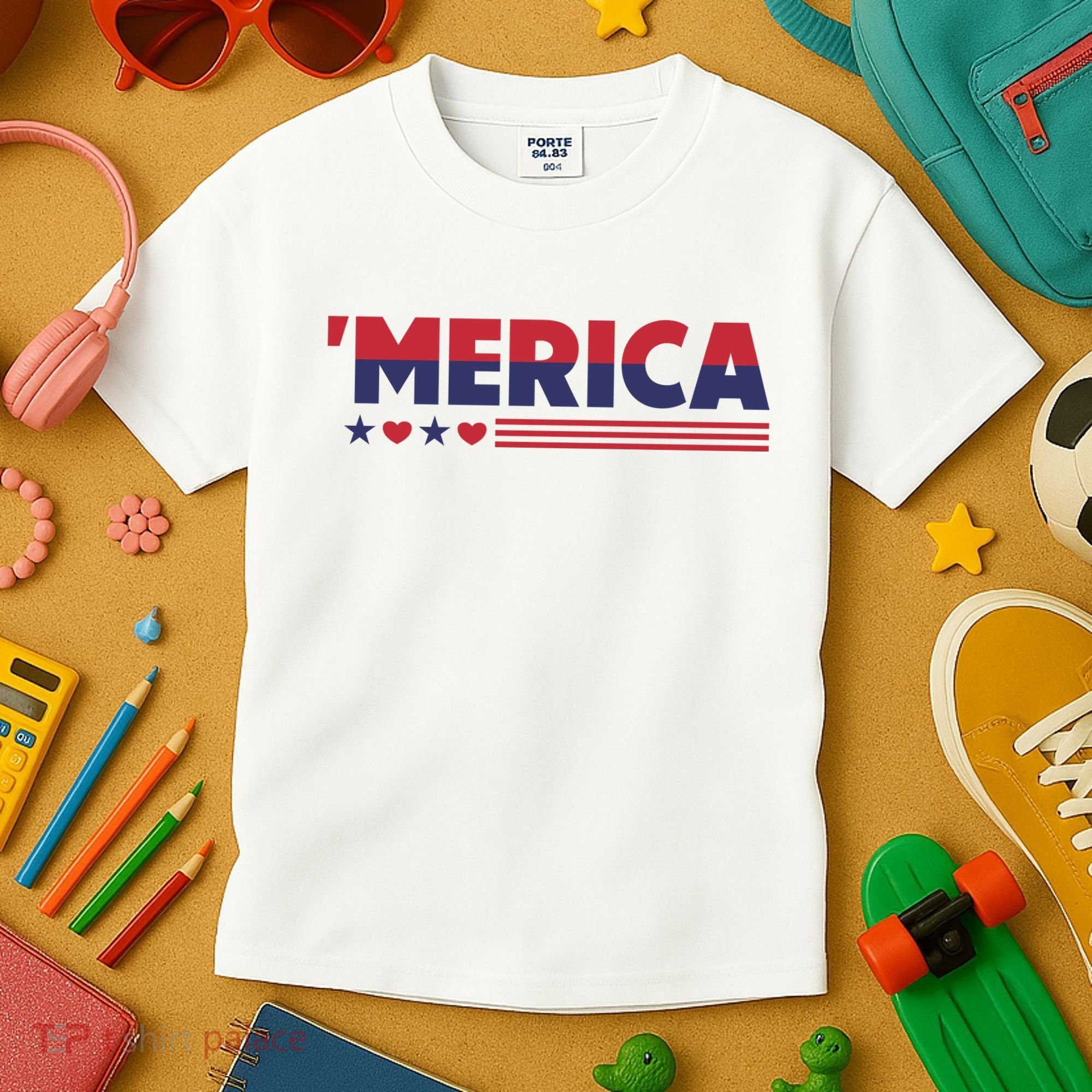 Merica American Flag Stars Stripes Hearts Kids T-Shirt