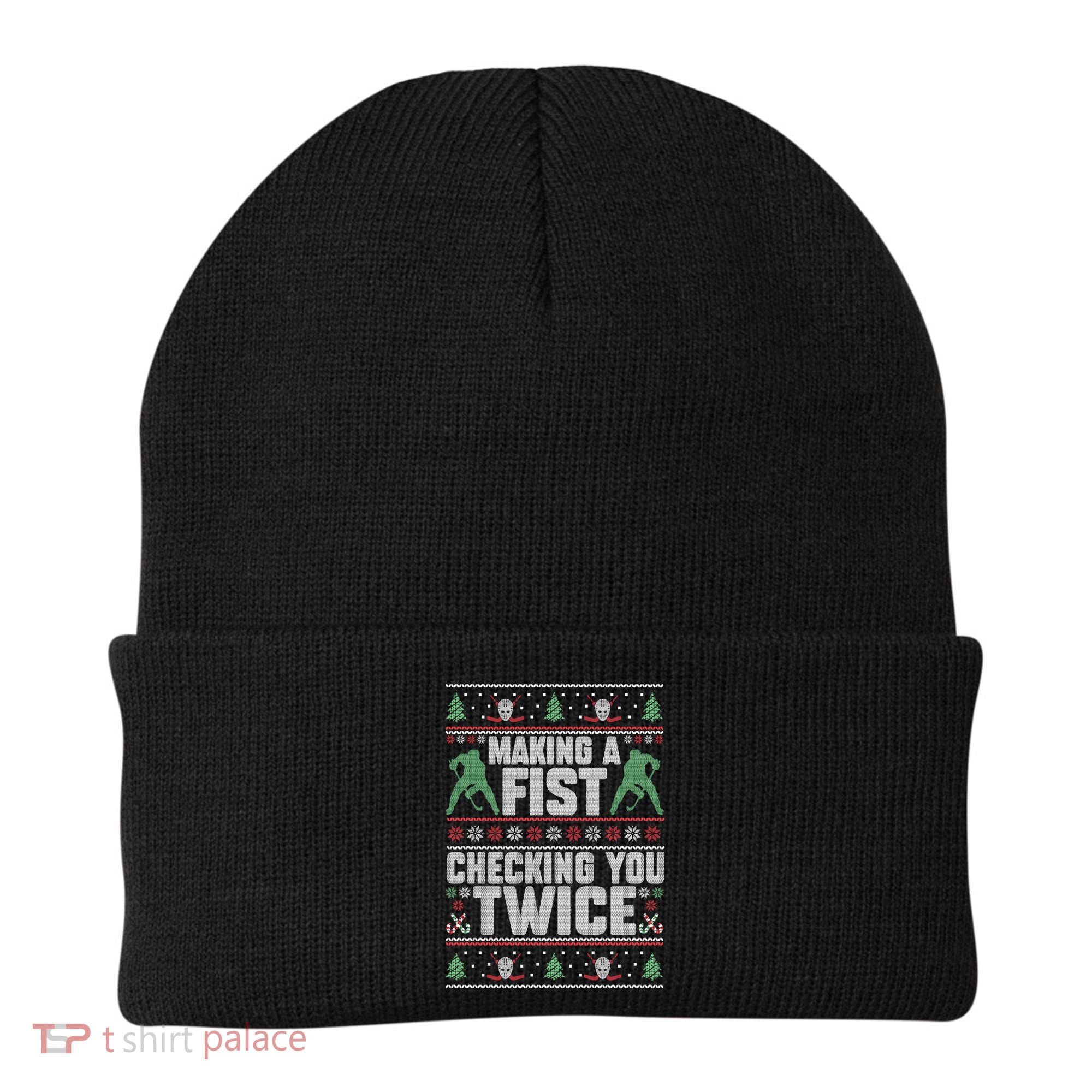 Making A Fist Checking You Twice Hockey Player Christmas Cool Gift Beanie