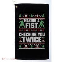 Making A Fist Checking You Twice Hockey Player Christmas Cool Gift Golf Towel thumb 0