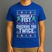 Making A Fist Checking You Twice Hockey Player Christmas Cool Gift T-Shirt thumb 3