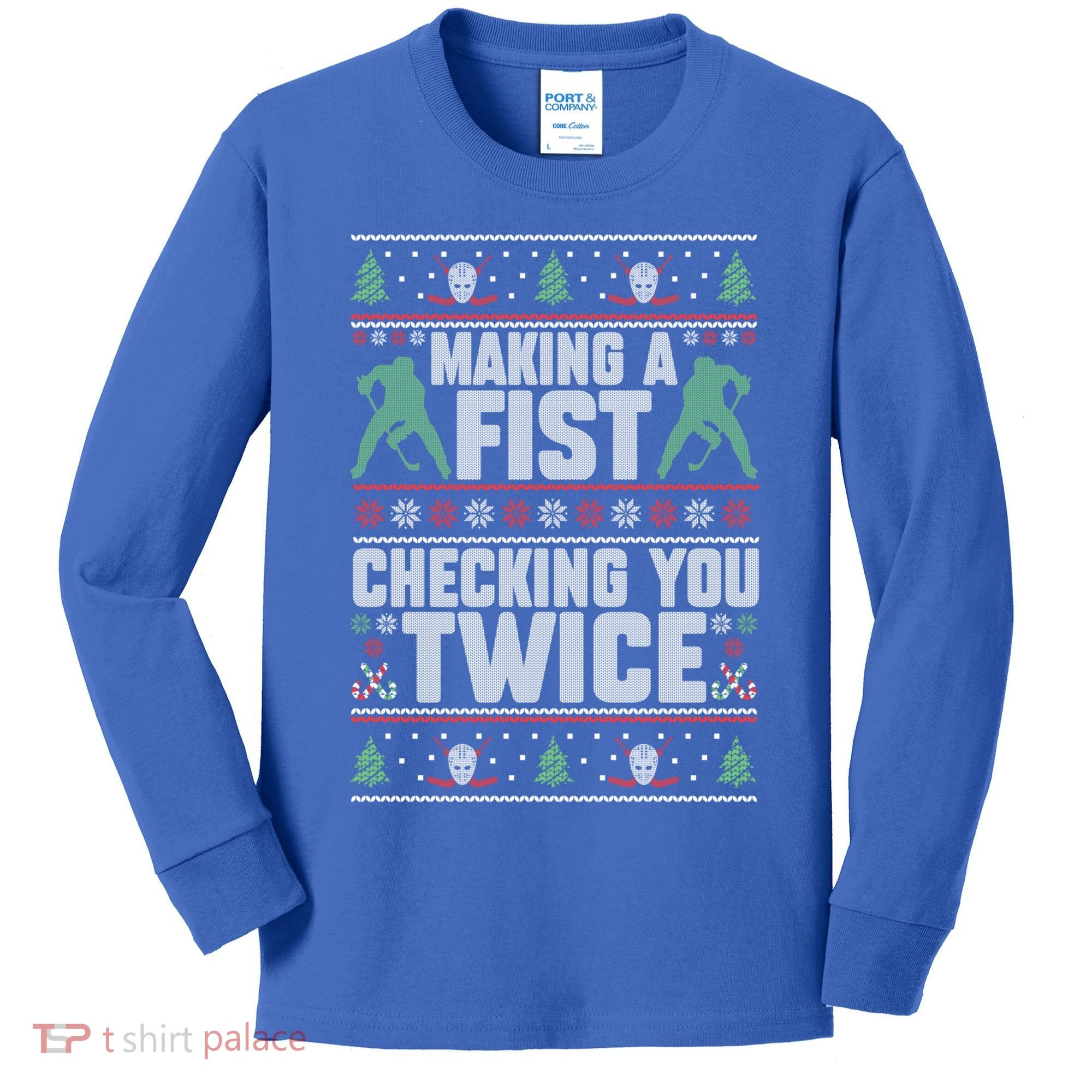 Making A Fist Checking You Twice Hockey Player Christmas Cool Gift Kids Long Sleeve Shirt
