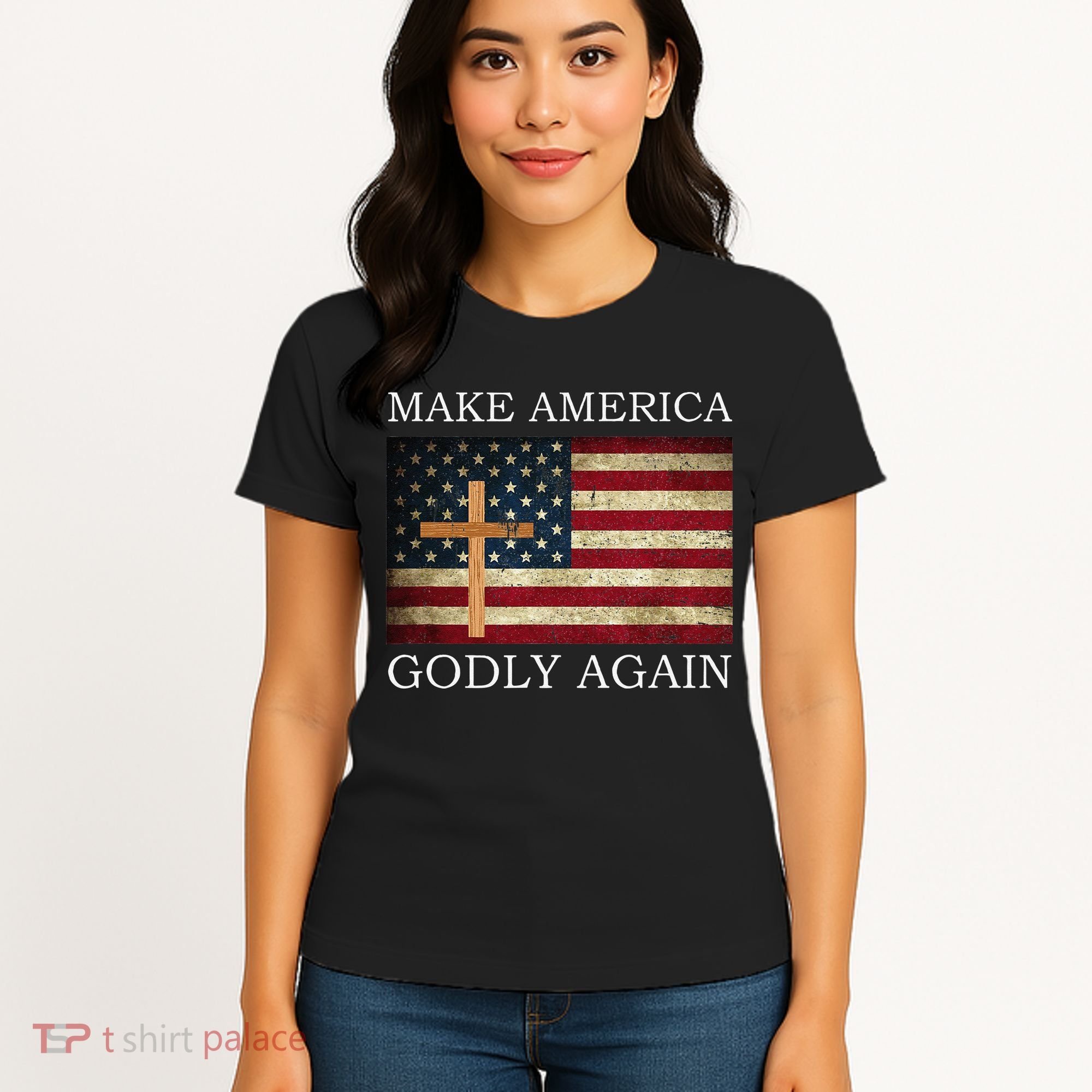 Make America Godly Again American Flag Cross Jesus Women's T-Shirt