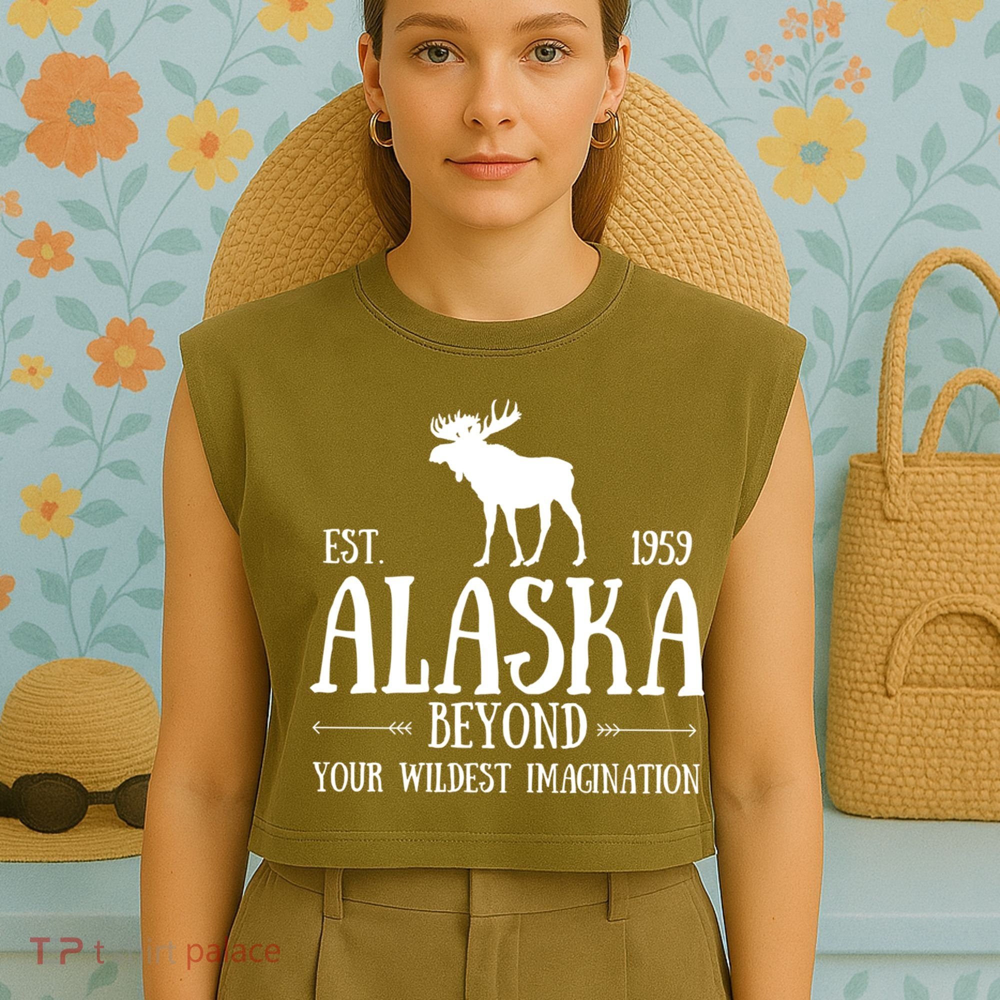 Moose Alaska Gift Mountain Last Frontier Alaska Cute Gift Garment-Dyed Women's Muscle Tee