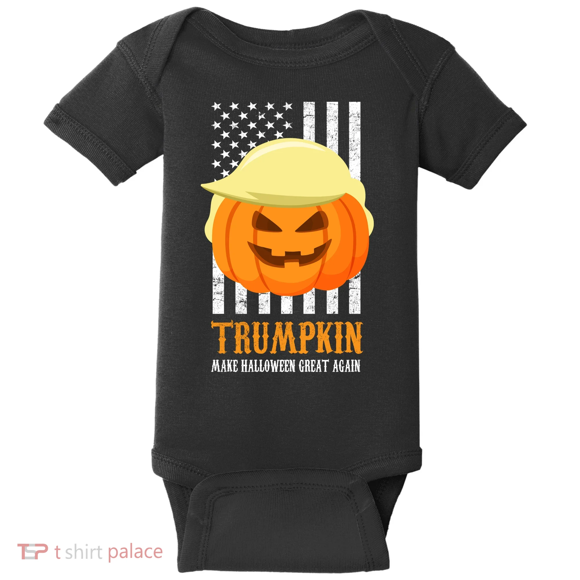 Make Halloween Great Again Trumpkin USA Flag Baby Bodysuit