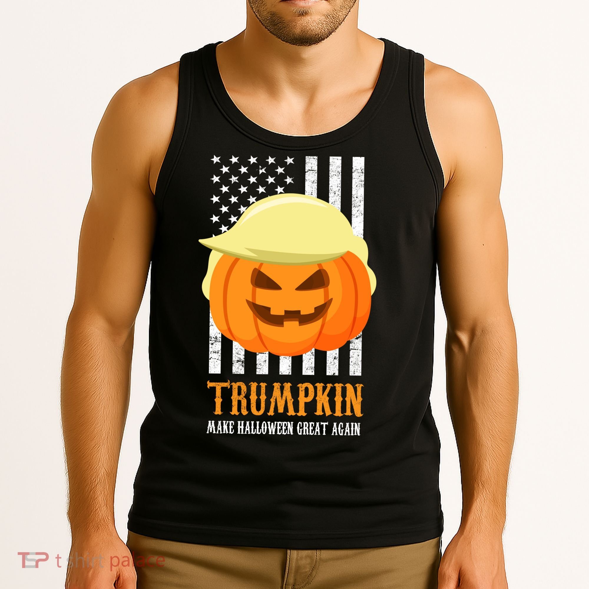 Make Halloween Great Again Trumpkin USA Flag Tank Top