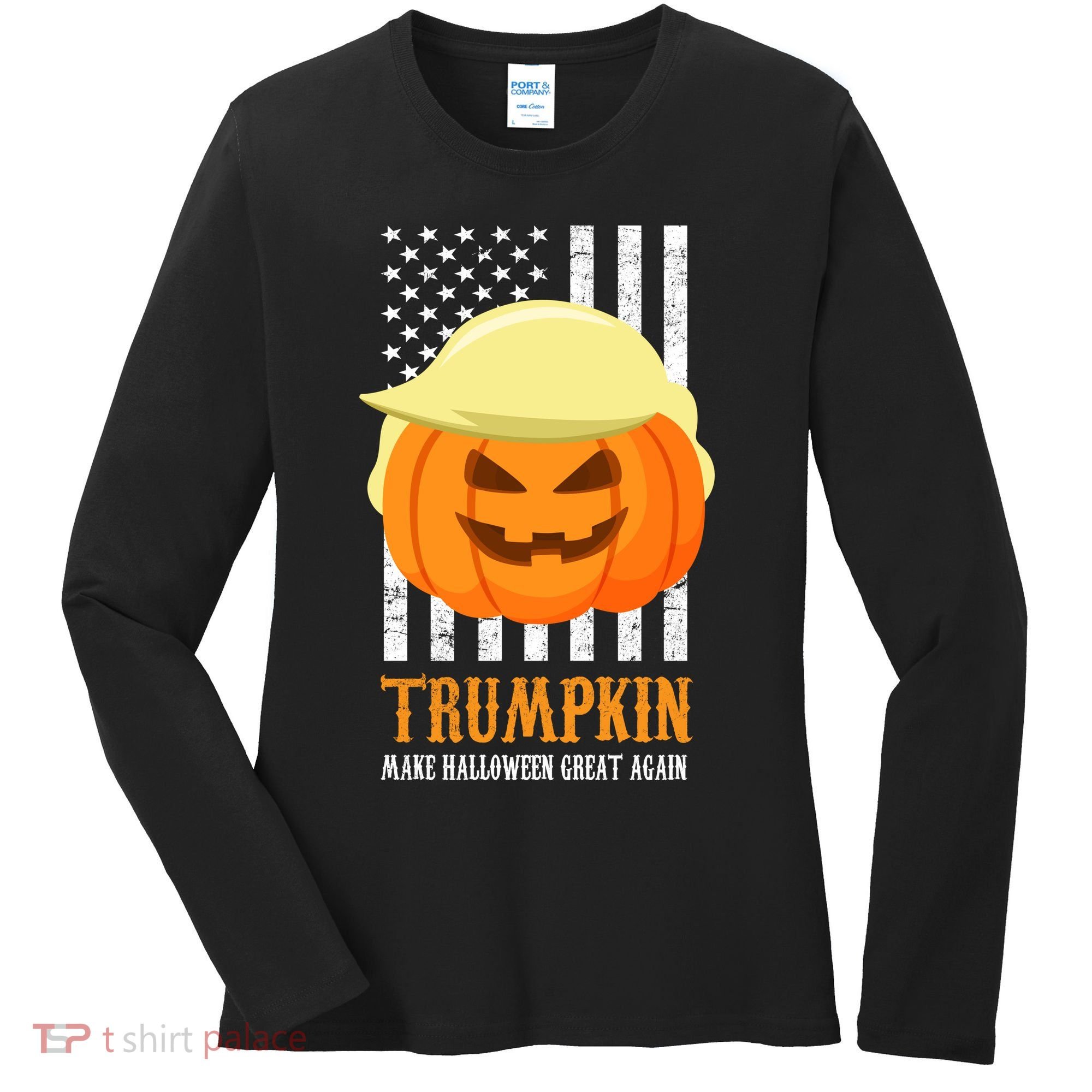Make Halloween Great Again Trumpkin USA Flag Women's Long Sleeve Shirt