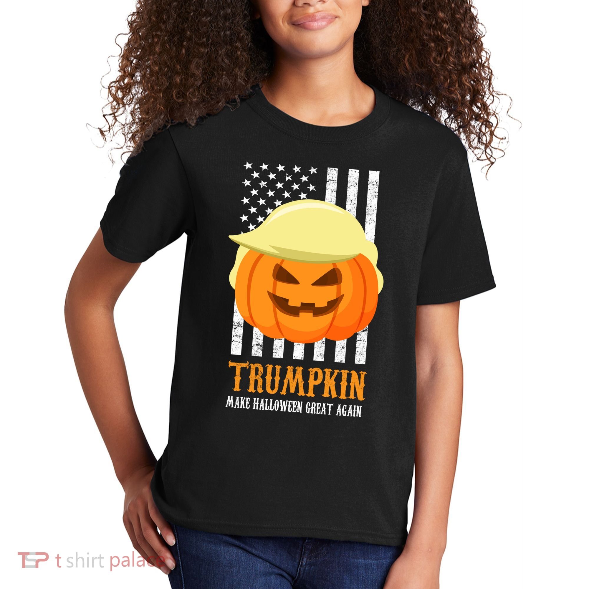 Make Halloween Great Again Trumpkin USA Flag Kids T-Shirt