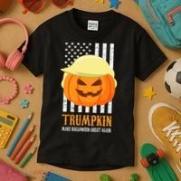 Make Halloween Great Again Trumpkin USA Flag Kids T-Shirt thumb 3