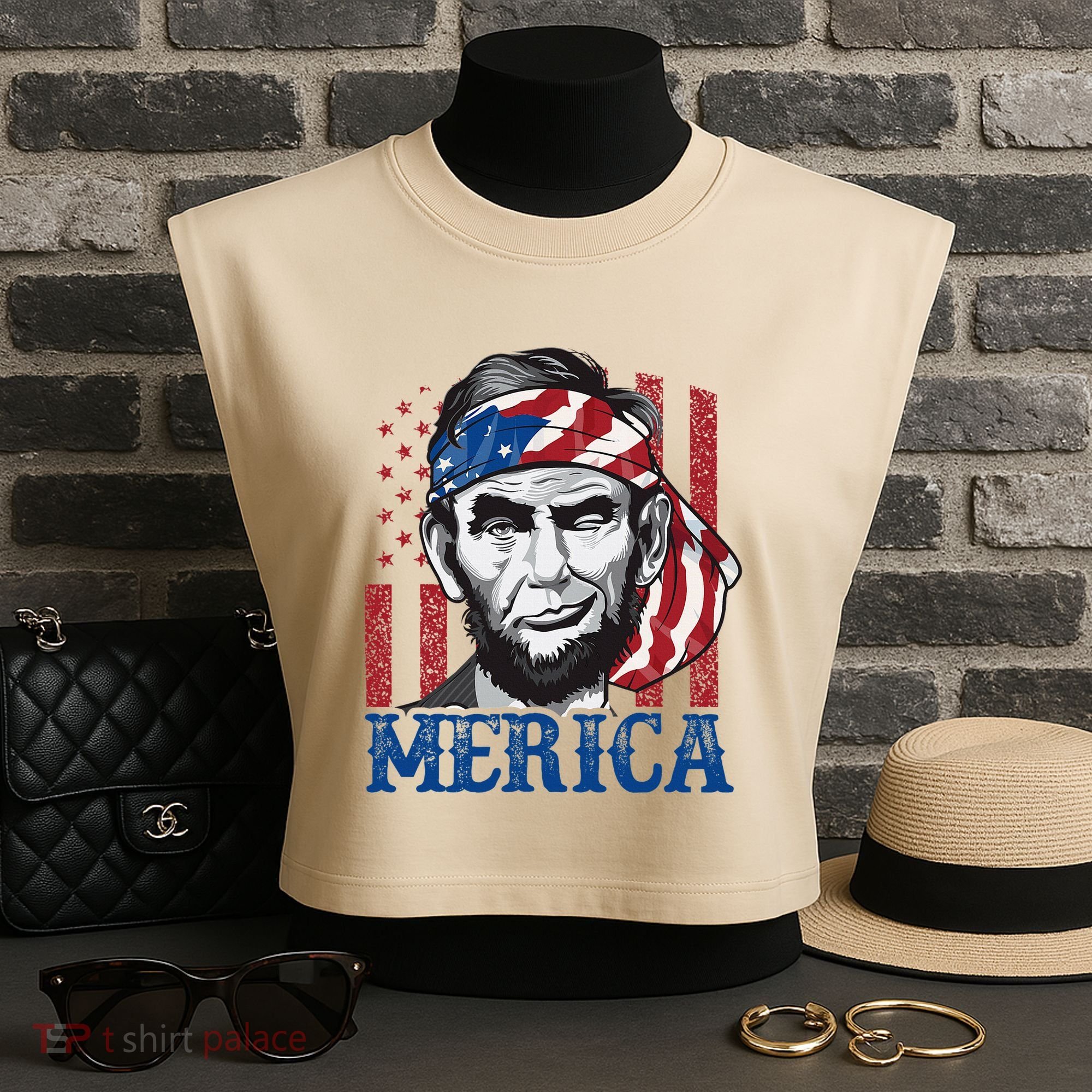 Merica Abraham Lincoln American Flag Garment-Dyed Women's Muscle Tee