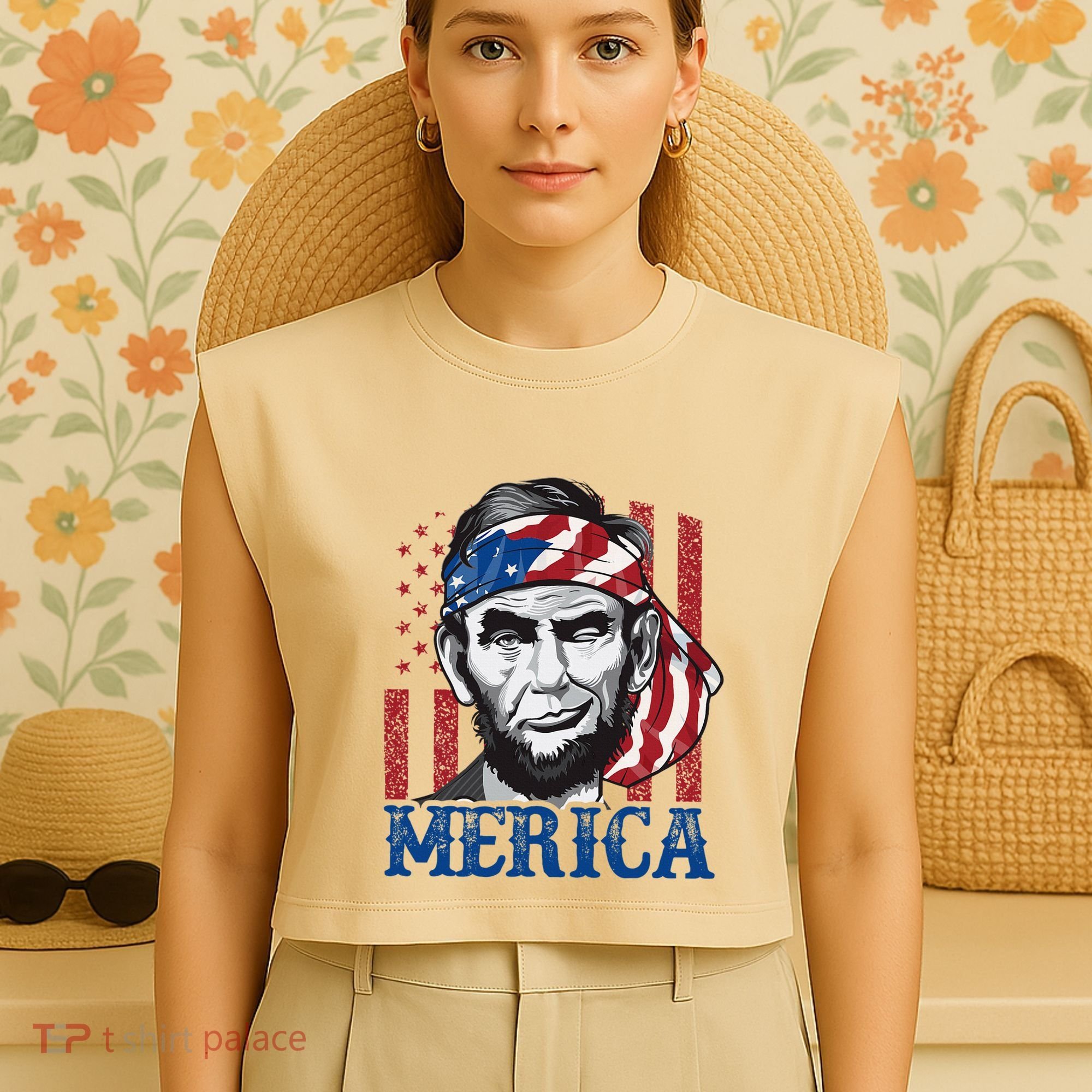 Merica Abraham Lincoln American Flag Garment-Dyed Women's Muscle Tee