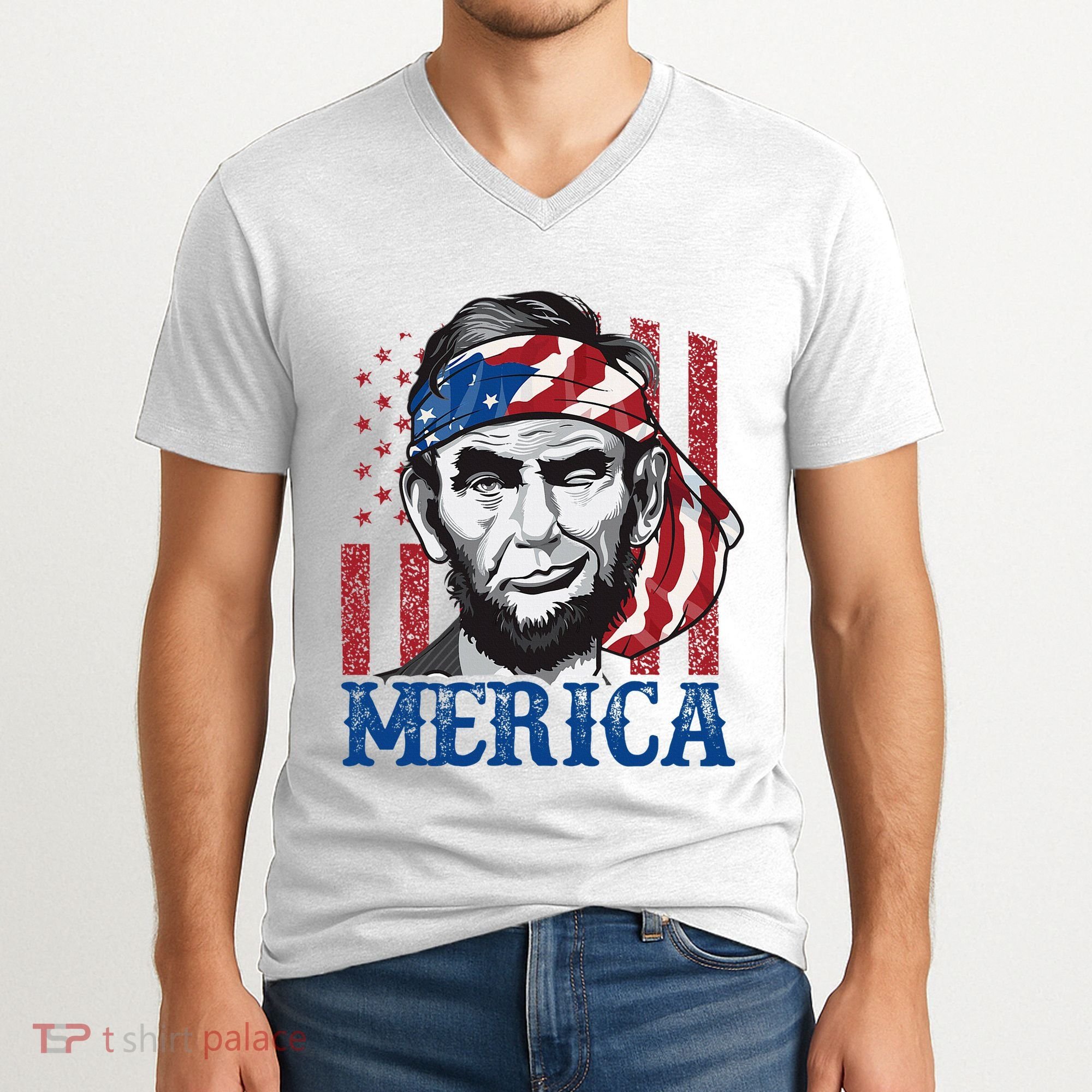 Merica Abraham Lincoln American Flag V-Neck T-Shirt