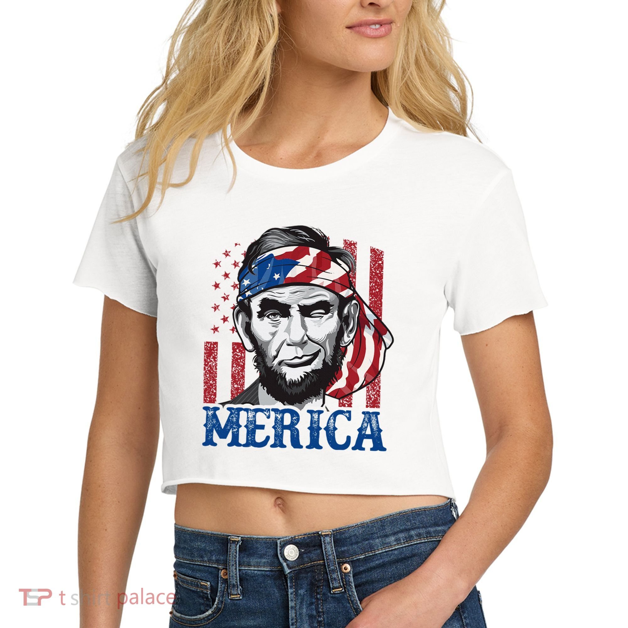 Merica Abraham Lincoln American Flag Women's Crop Top Tee
