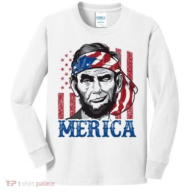Merica Abraham Lincoln American Flag Kids Long Sleeve Shirt