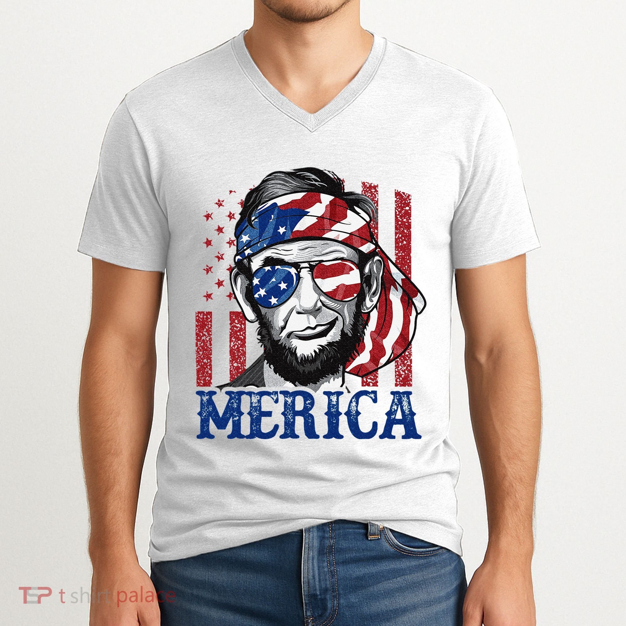 Merica Abraham Lincoln 4th Of July American Flag V-Neck T-Shirt