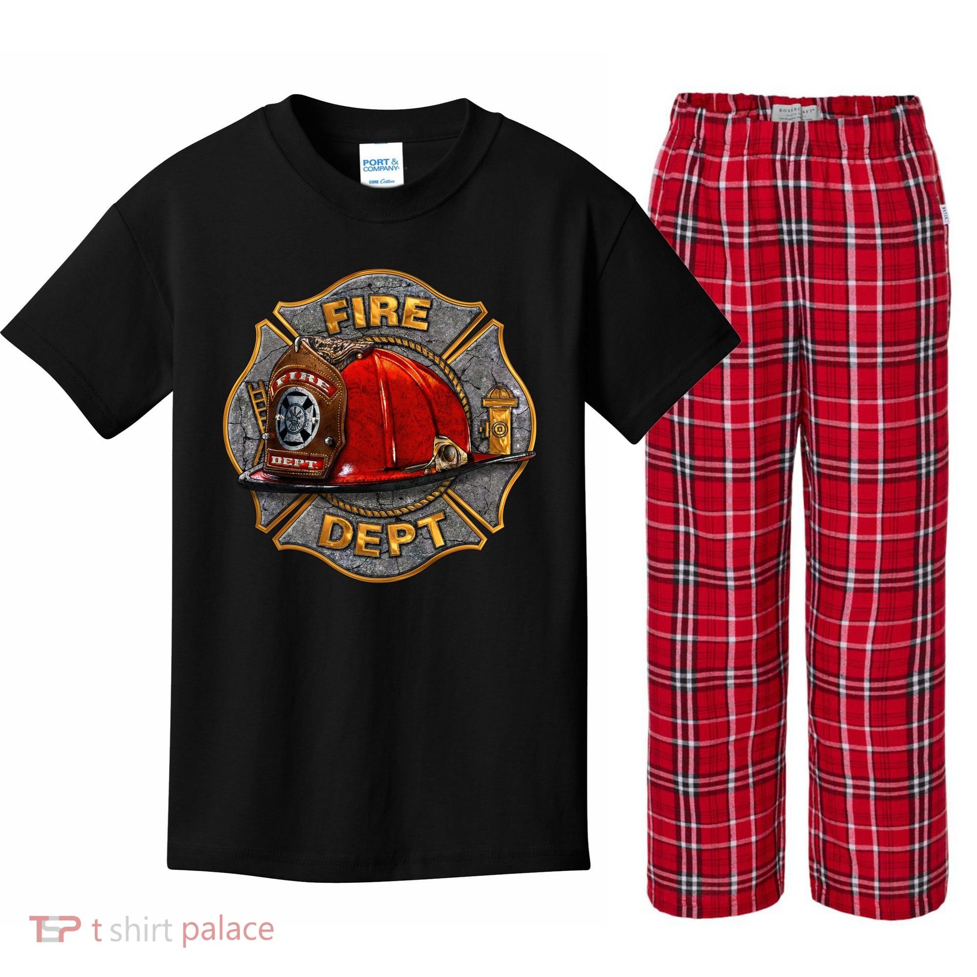 Maltese Fire Dept. Helmet Kids Plaid Pajama Set