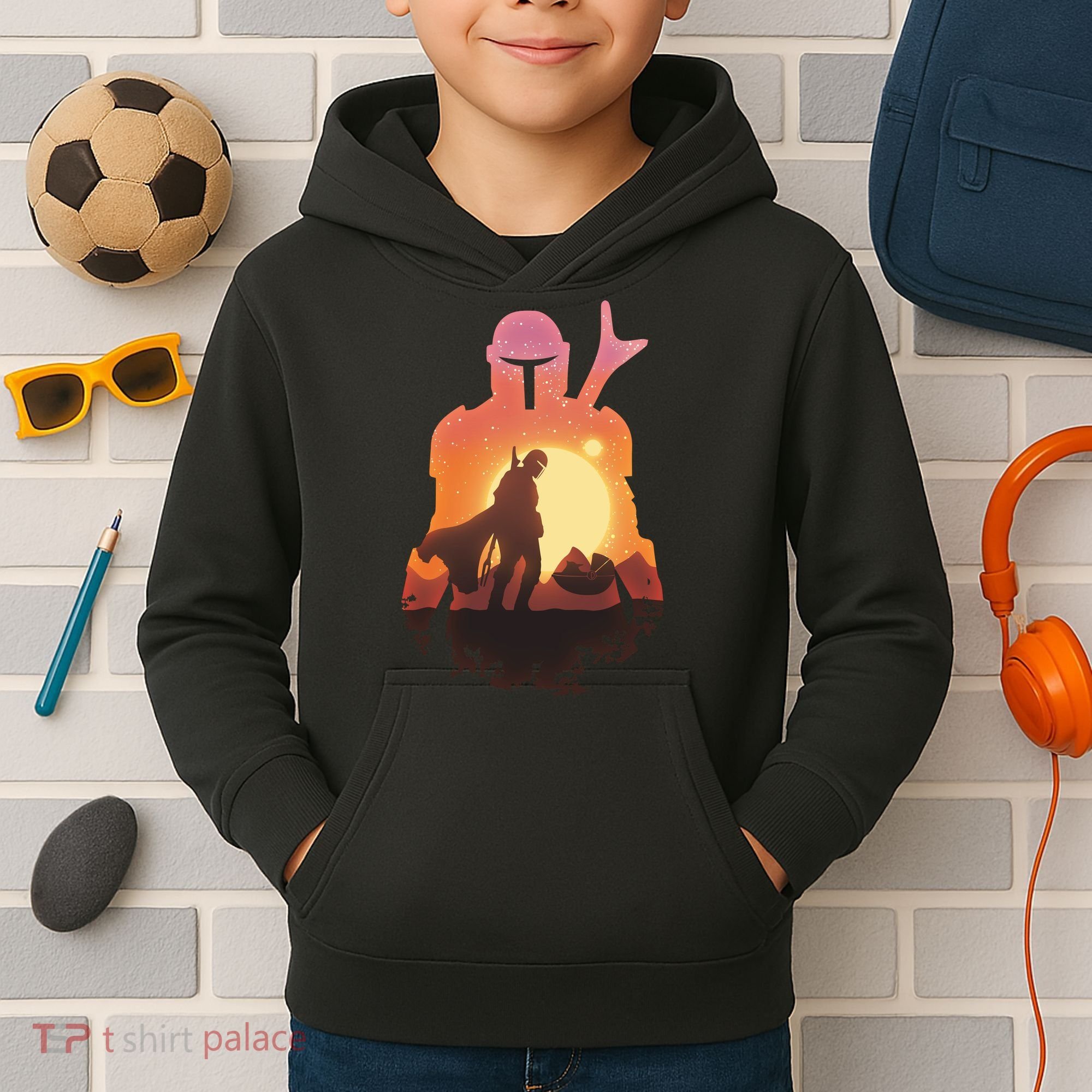 Mando Sunset Illustration Cool Graphic Kids Hoodie