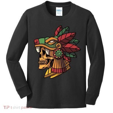 Mayan Ancient Quetzalcoatl Aztec Skull Retro Kids Long Sleeve Shirt