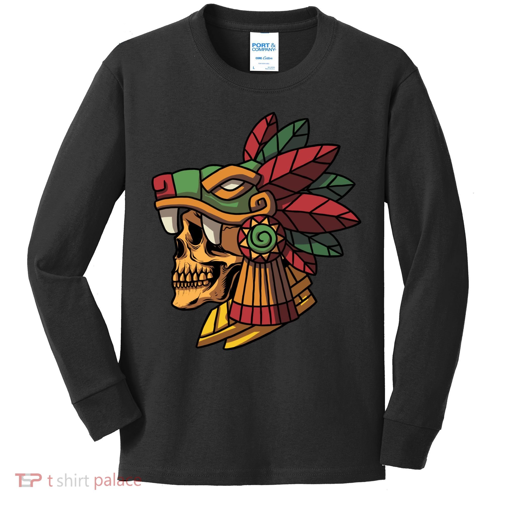 Mayan Ancient Quetzalcoatl Aztec Skull Retro Kids Long Sleeve Shirt
