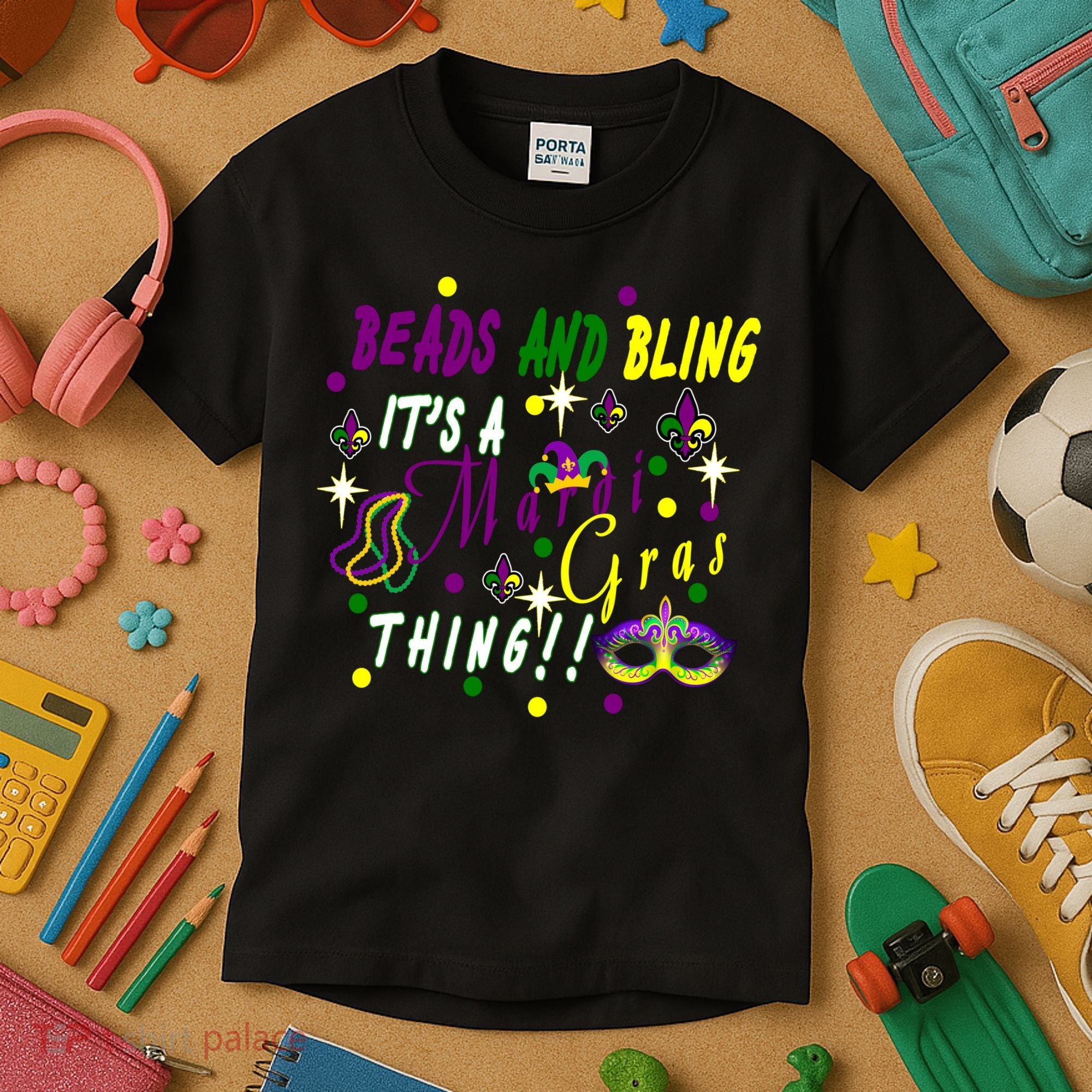 Mardi Gras Beads And Bling Celebration Kids T-Shirt
