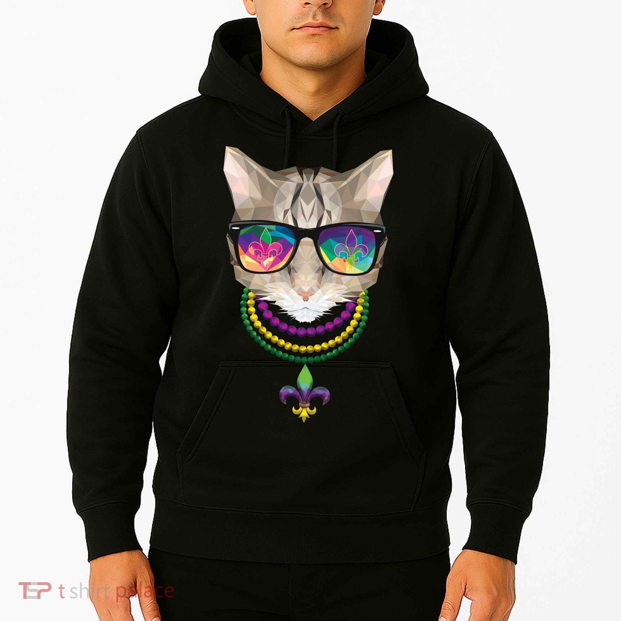 Mardi Gras Cat Beads and Sunglasses NOLA Hoodie