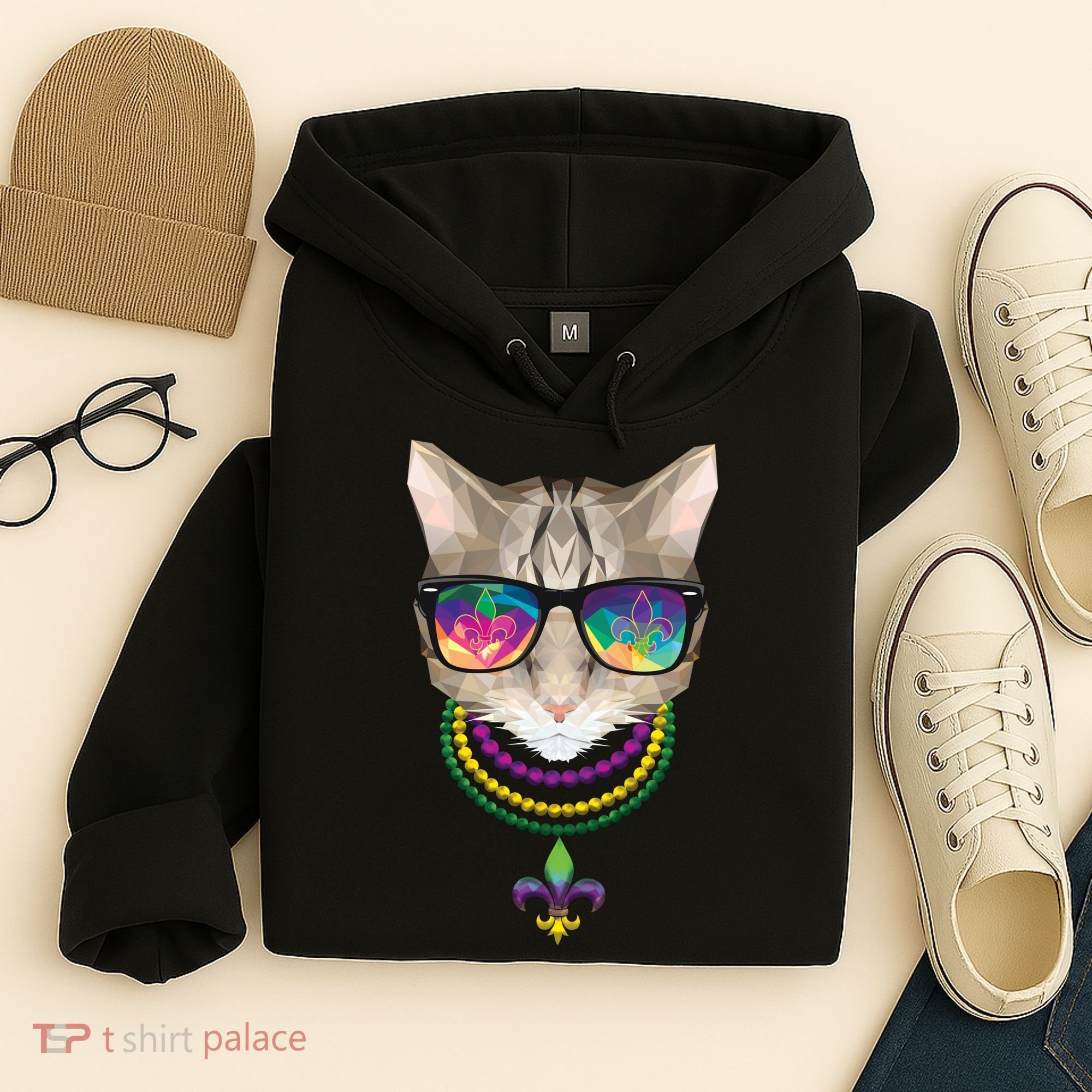 Mardi Gras Cat Beads and Sunglasses NOLA Hoodie