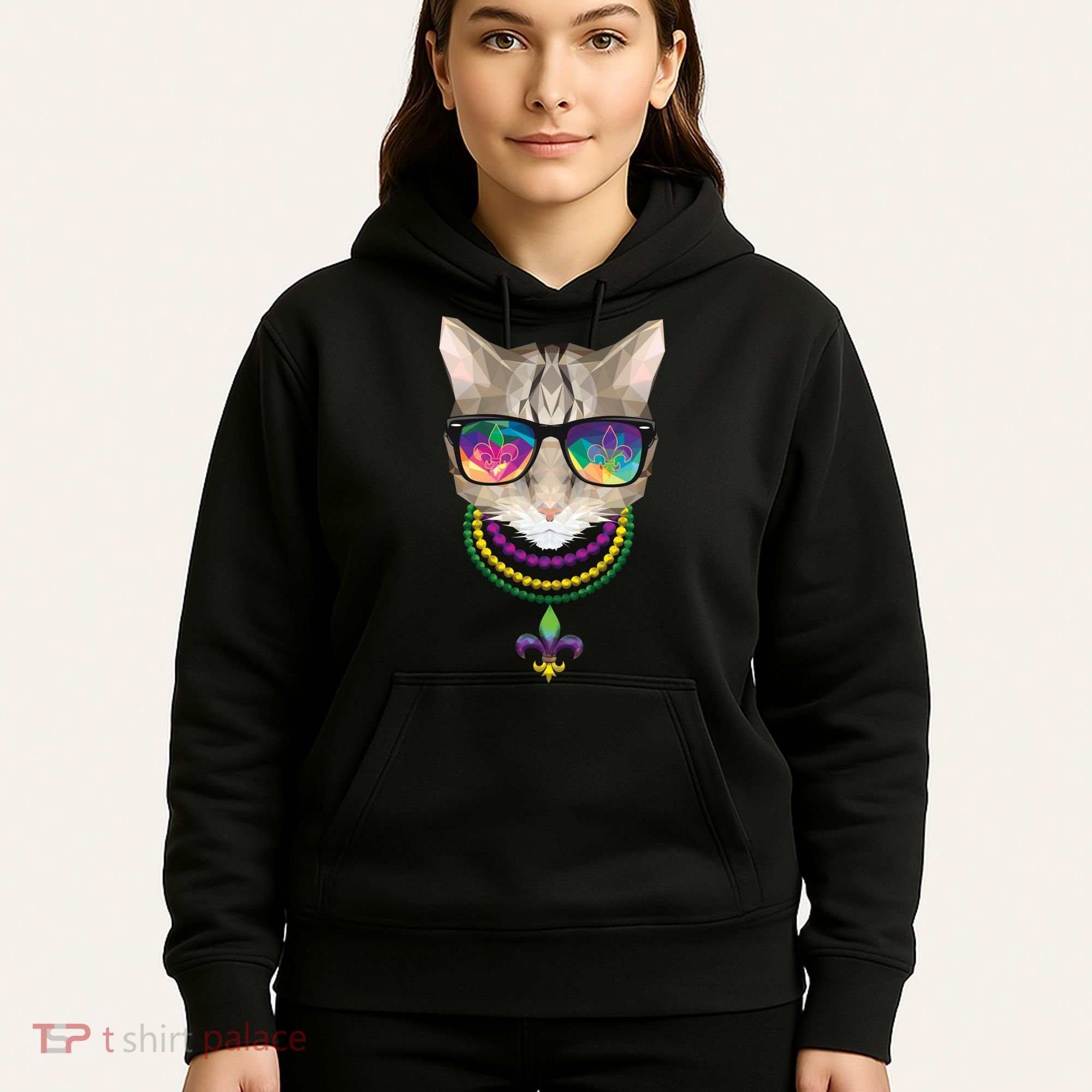 Mardi Gras Cat Beads and Sunglasses NOLA Hoodie