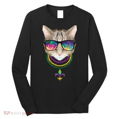Mardi Gras Cat Beads and Sunglasses NOLA Long Sleeve Shirt