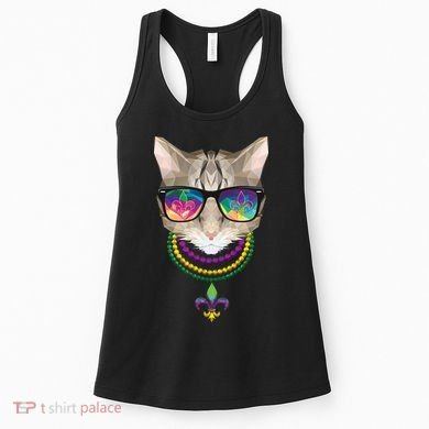 Mardi Gras Cat Beads and Sunglasses NOLA Women's Tank Top