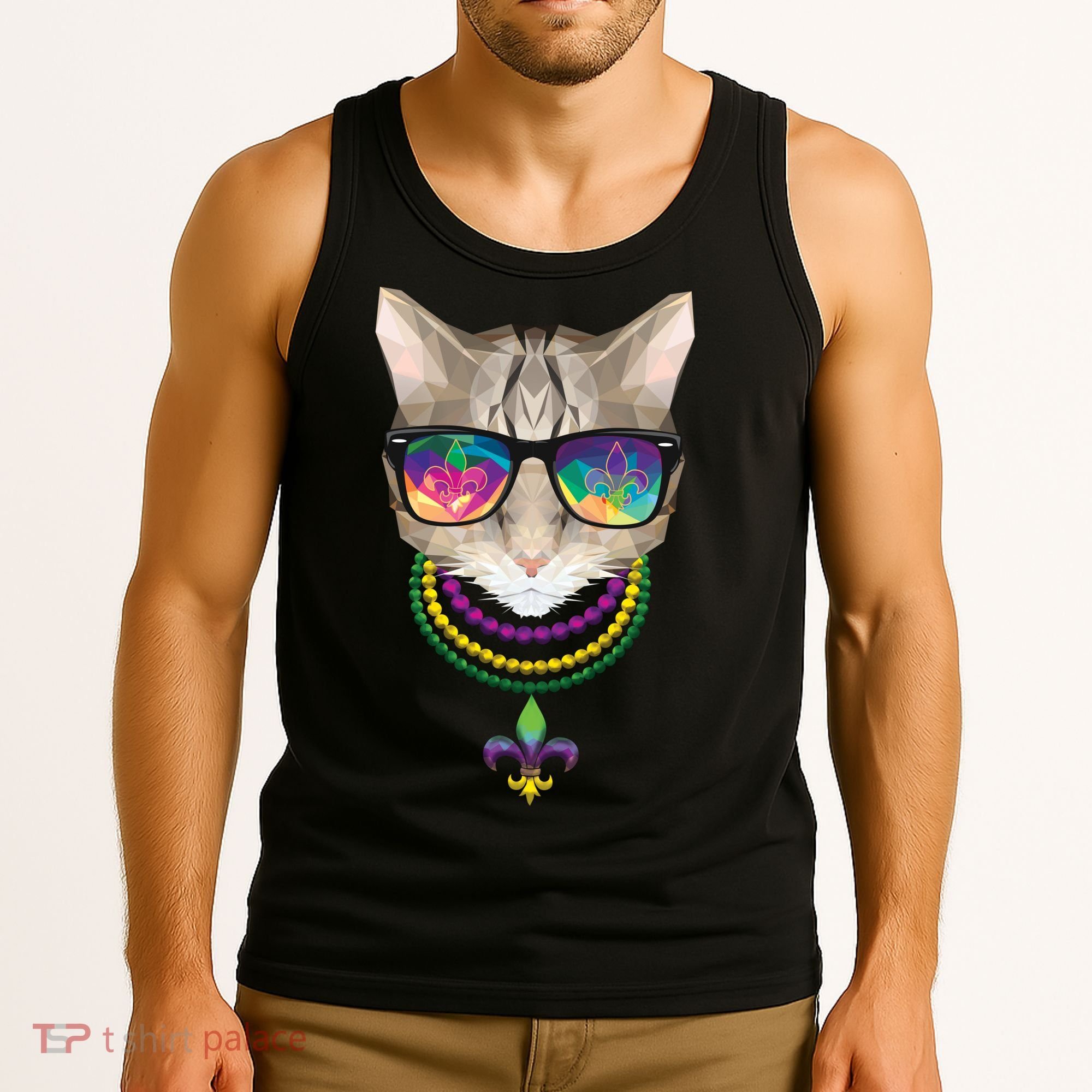 Mardi Gras Cat Beads and Sunglasses NOLA Tank Top