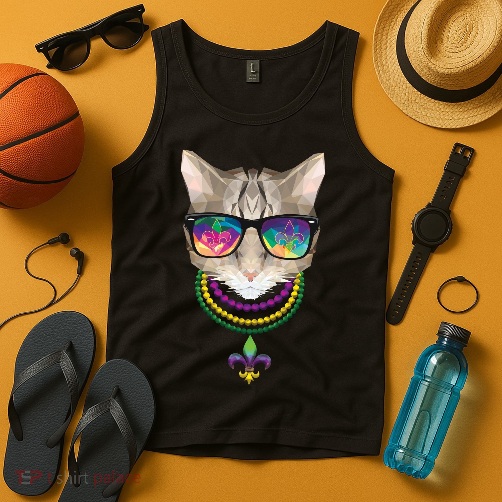 Mardi Gras Cat Beads and Sunglasses NOLA Tank Top