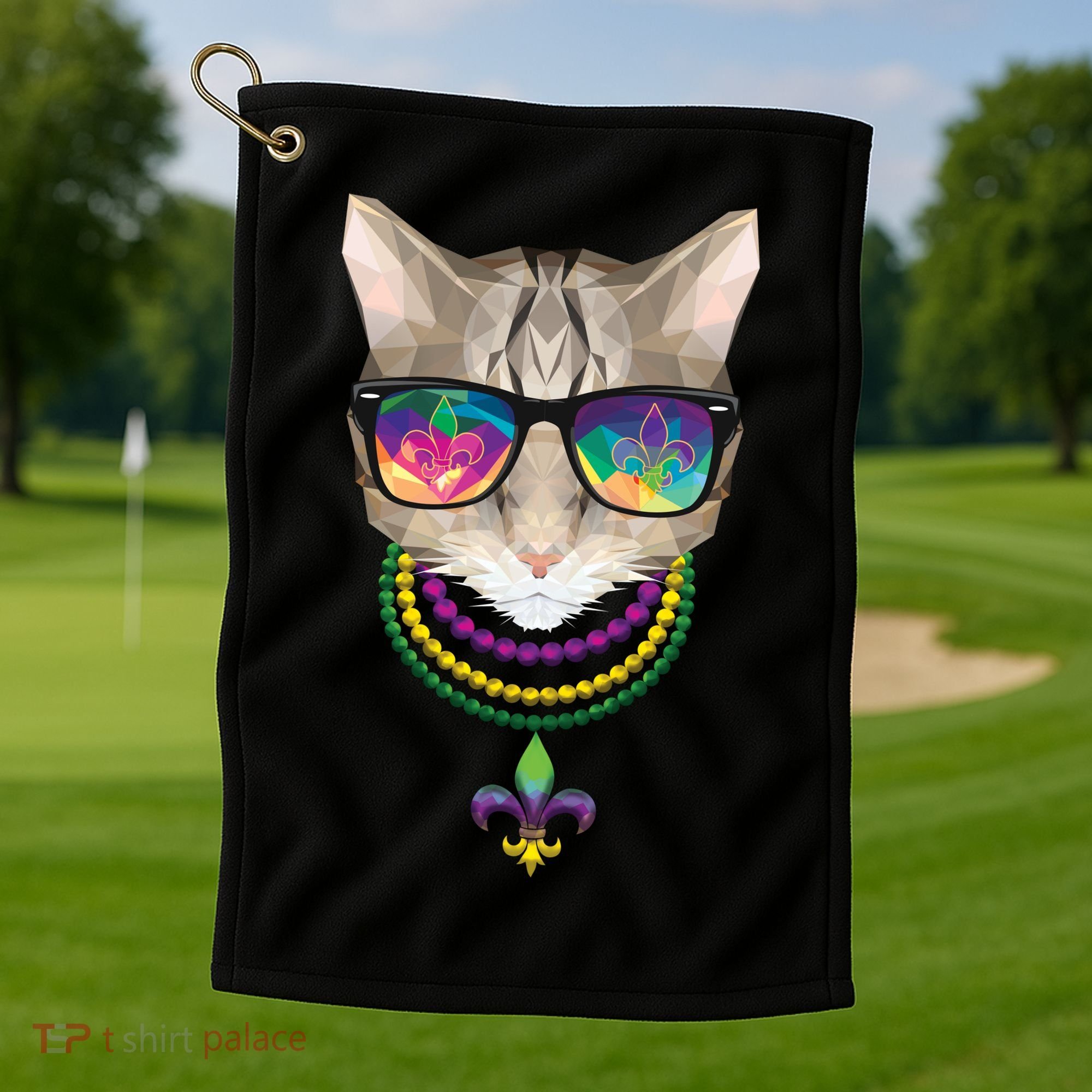 Mardi Gras Cat Beads and Sunglasses NOLA Golf Towel