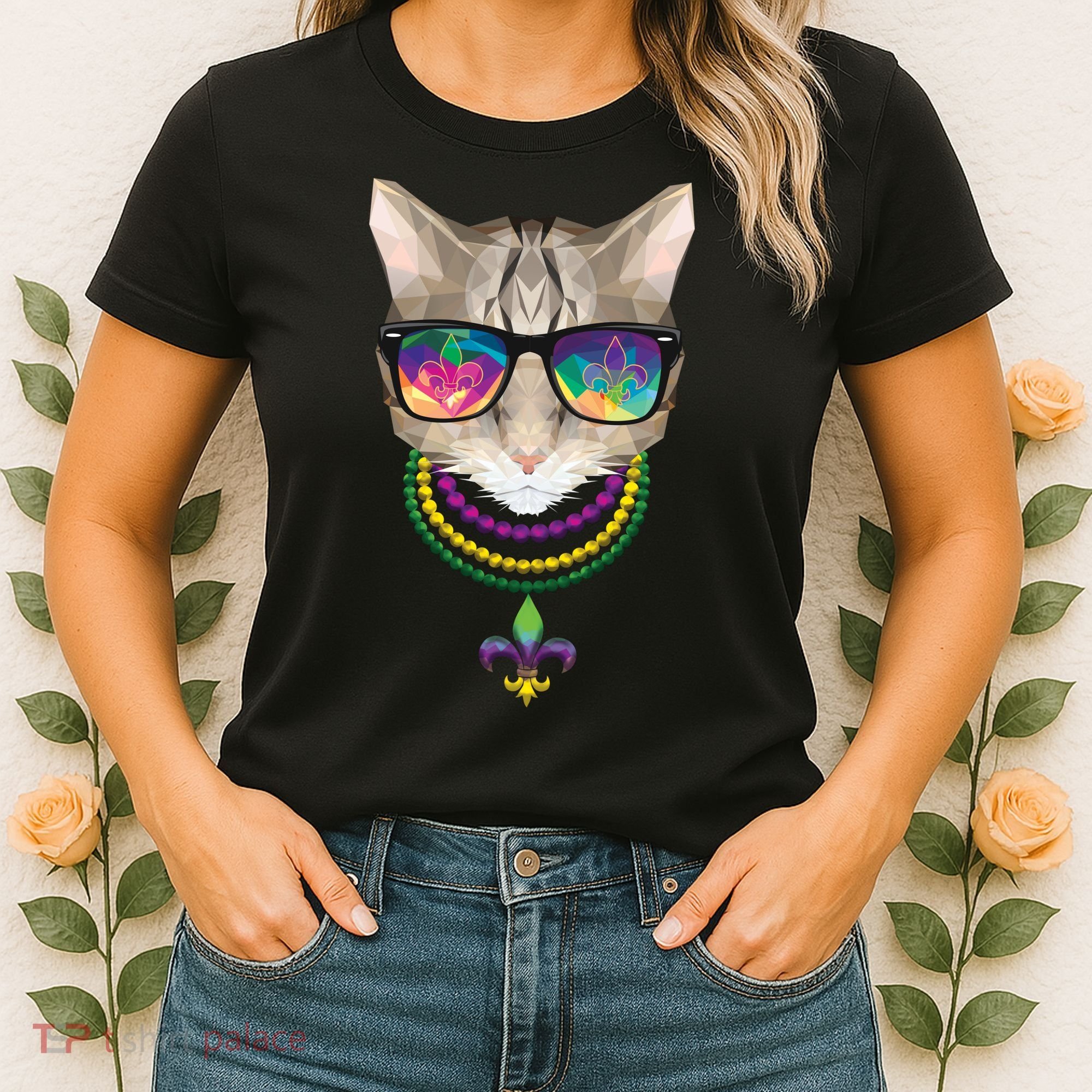 Mardi Gras Cat Beads and Sunglasses NOLA Women's T-Shirt
