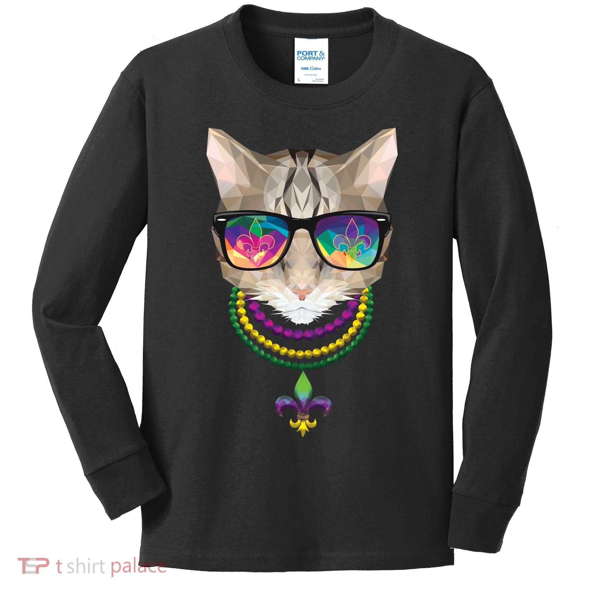 Mardi Gras Cat Beads and Sunglasses NOLA Kids Long Sleeve Shirt